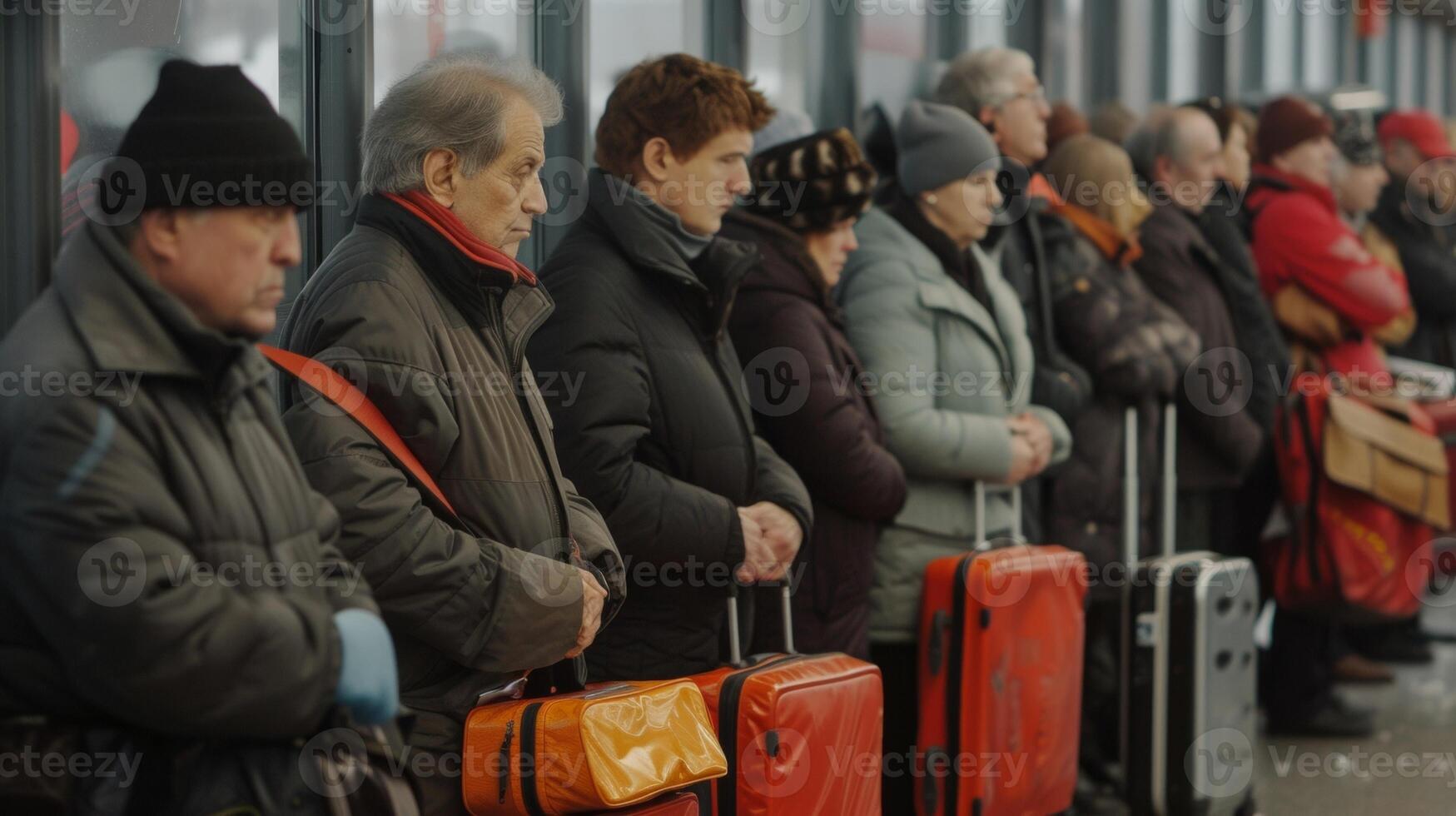 A line of people waits anxiously as their bags are swiped for trace explosives a routine security measure to ensure the safety of all passengers photo