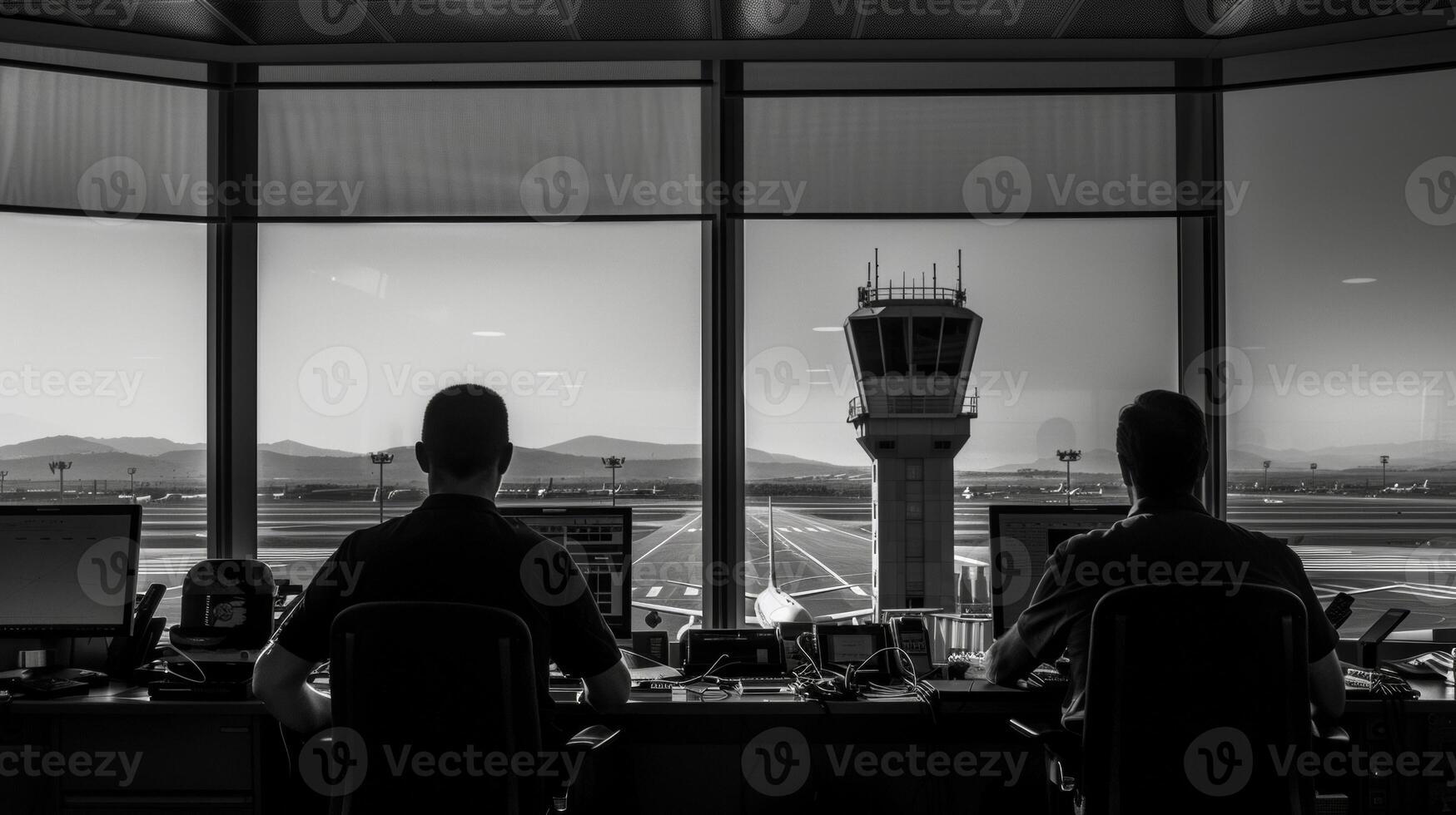 A busy control tower with air traffic controllers intently watching runway activity and directing planes on the ground photo