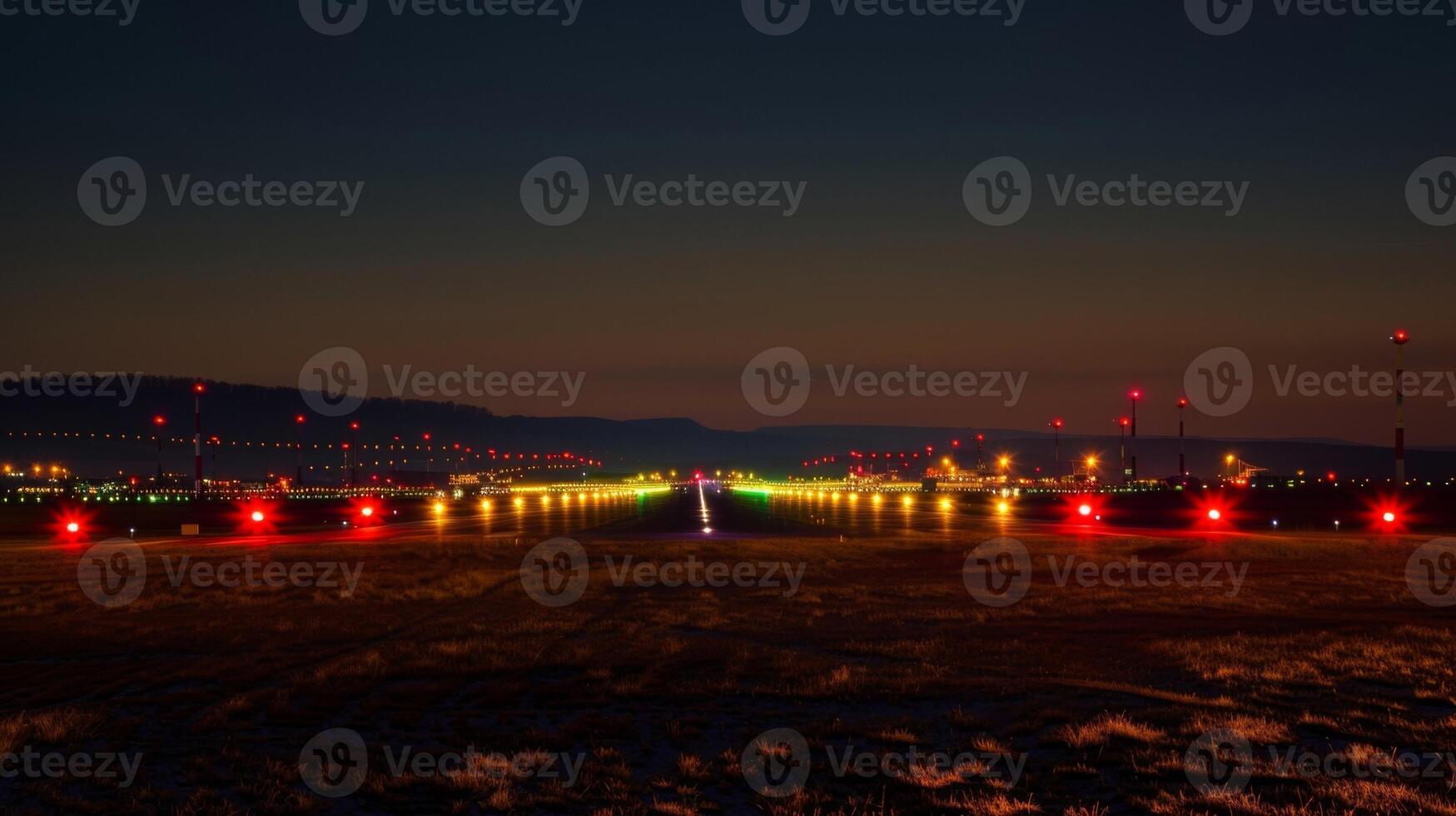 The flickering lights of the approach lighting system create a sense of anticipation as planes descend towards the runway ready to touch down in the bustling airport photo