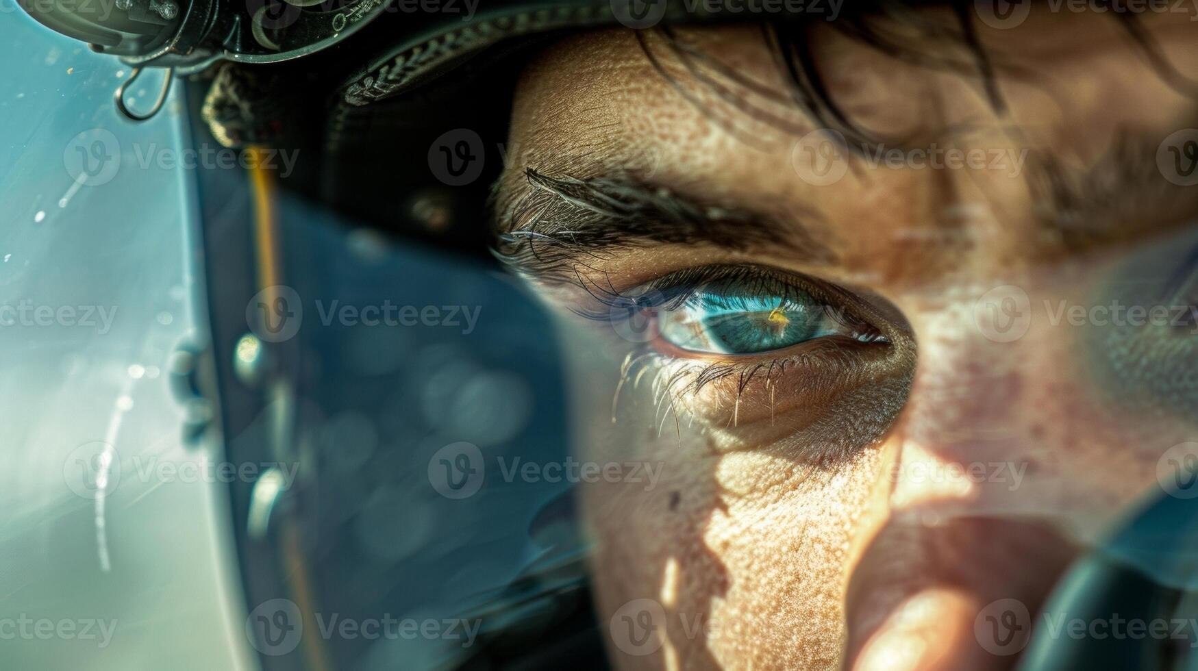 A closeup of the pilots eyes reveals a mix of concentration and excitement as they prepare for the thrill of landing the aircraft photo