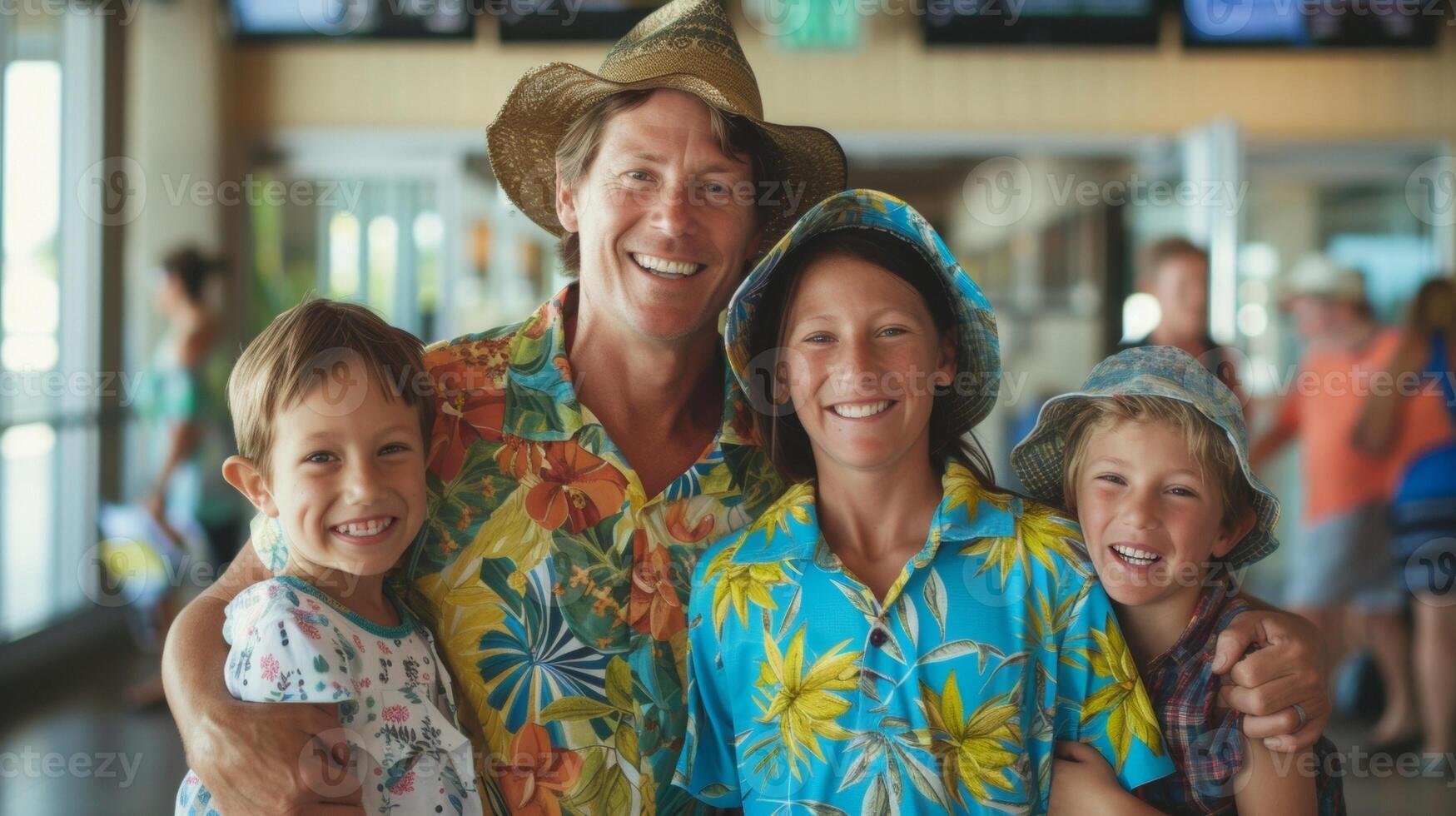 In front of a large departure gate a family of four huddles together for a group photo their wide grins matching the bright tropical patterns on their vacation clothes