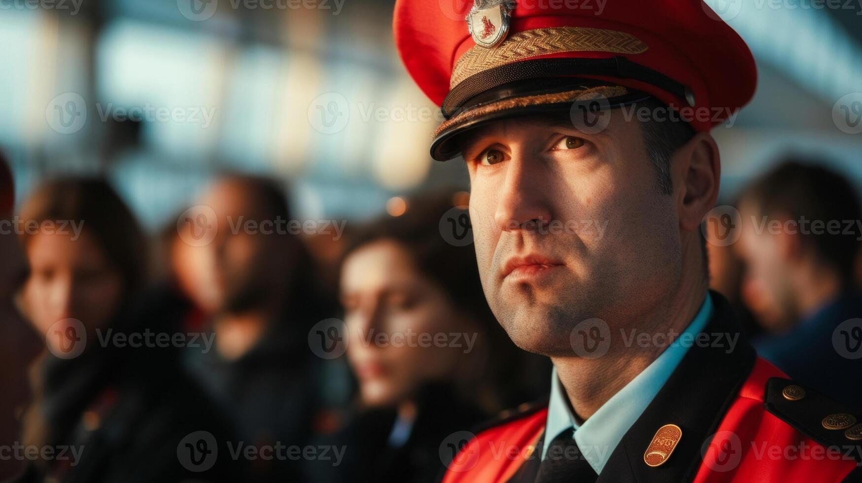 A flight crew member stands at a gate surrounded by a sea of disappointed faces as they announce the cancellation of their scheduled flight causing chaos and confusion fo photo