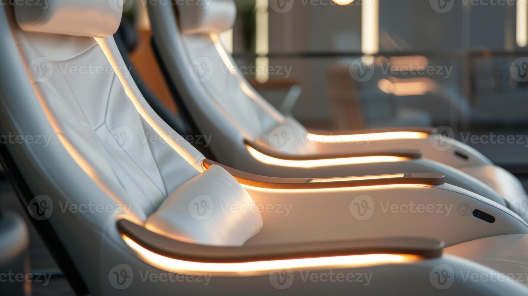 Luxurious lounge chairs with builtin charging stations and personal reading lights ideal for passengers looking to relax and recharge before their flight photo