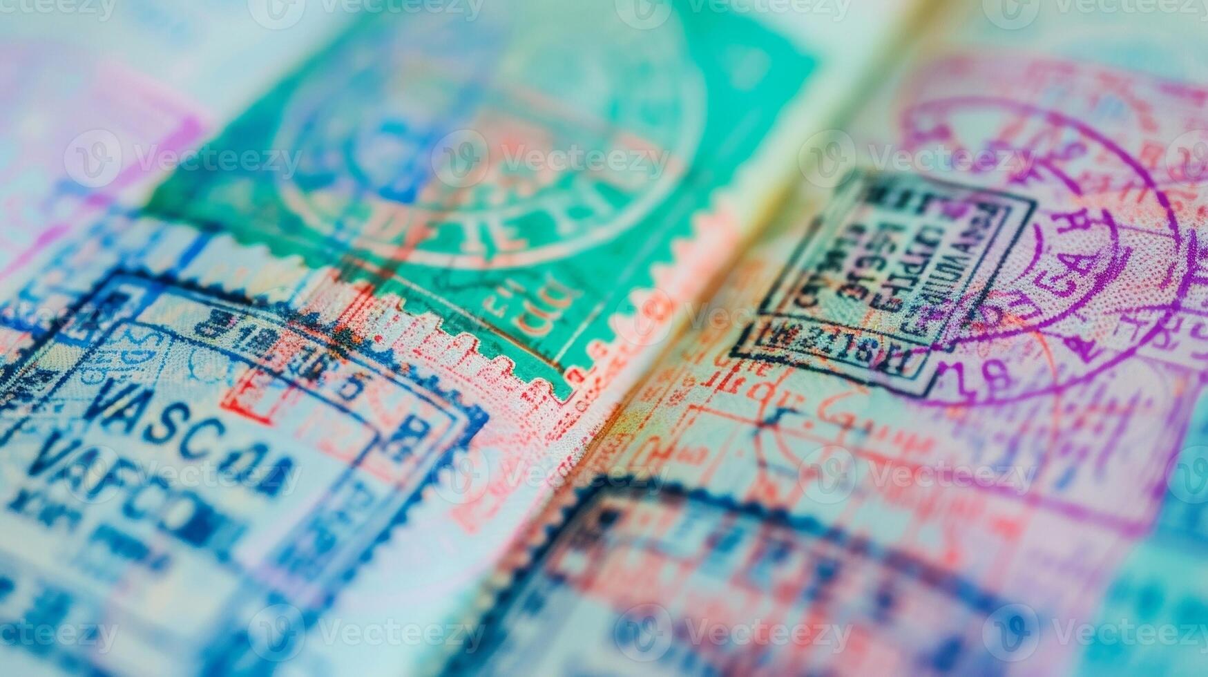 The closeup view of a passport with various colorful stamps and entry visas representing the many countries the traveler has visited photo