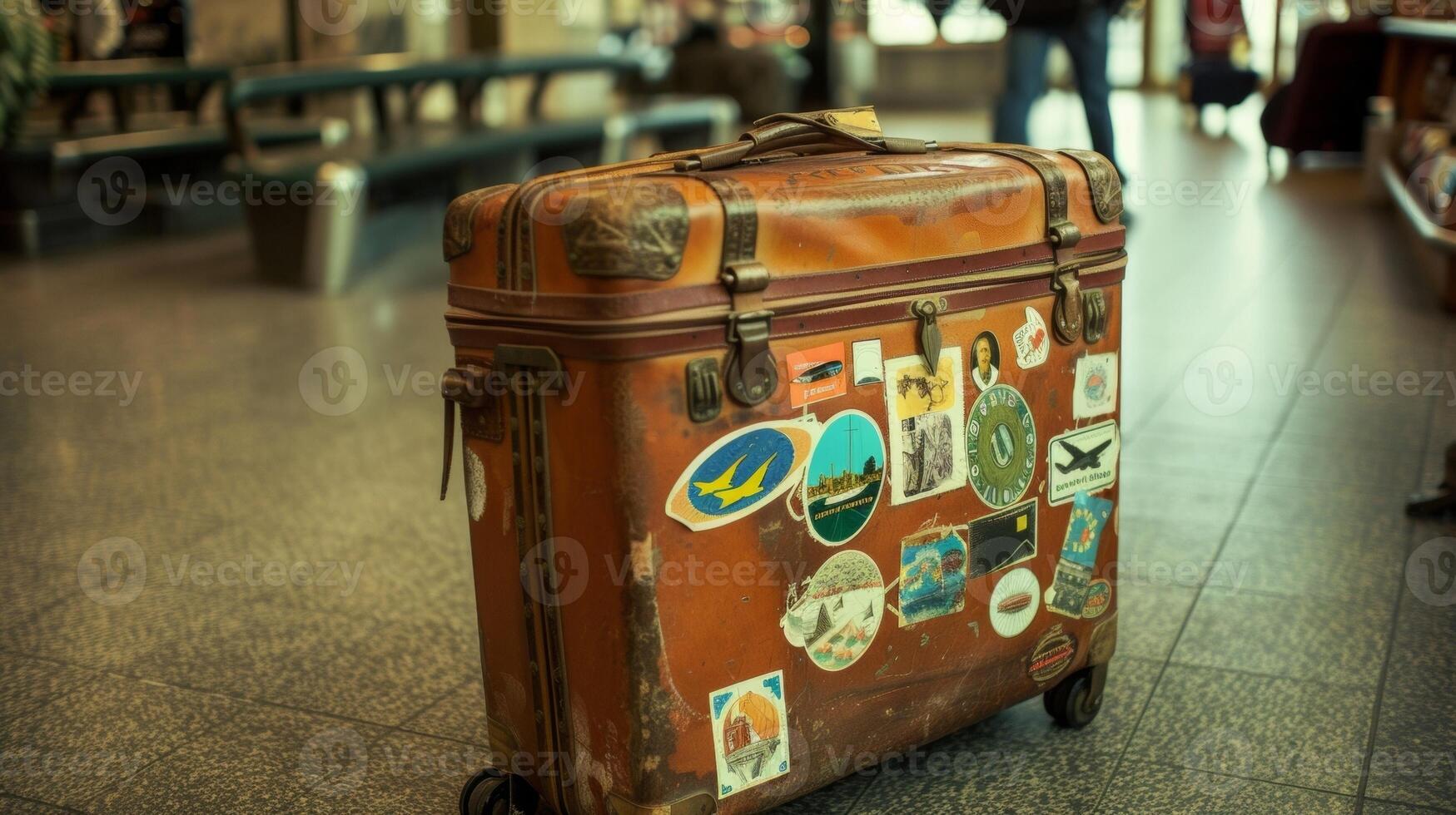 A suitcase covered in travel stickers sits abandoned on the floor its owner off exploring the airport shops before their next flight. The sense of freedom and independenc photo