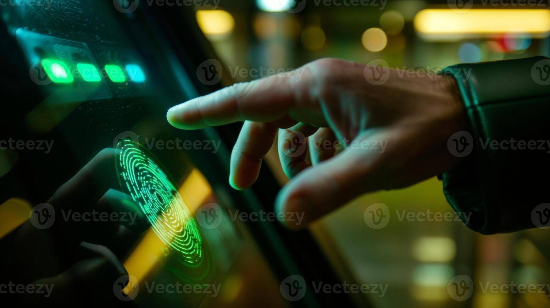 A detailed shot of a travelers hand being scanned by a futuristic security device utilizing advanced fingerprint recognition technology photo