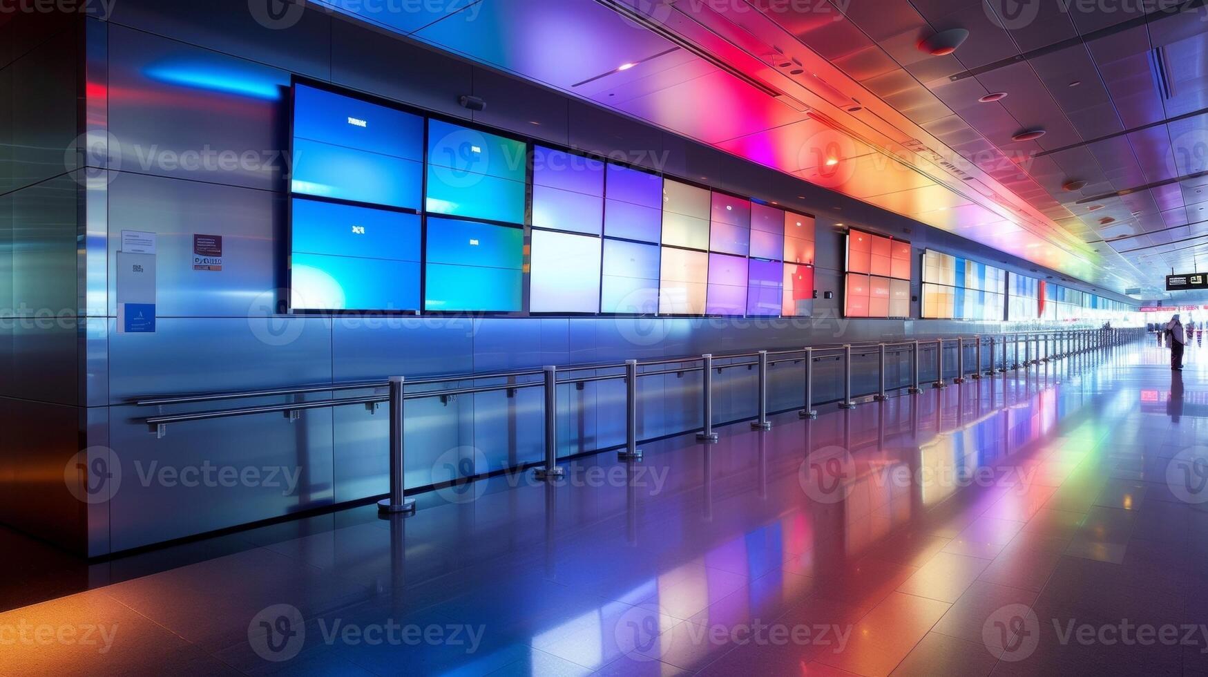 A colorful and interactive information display wall providing realtime updates on flight information and airport amenities photo