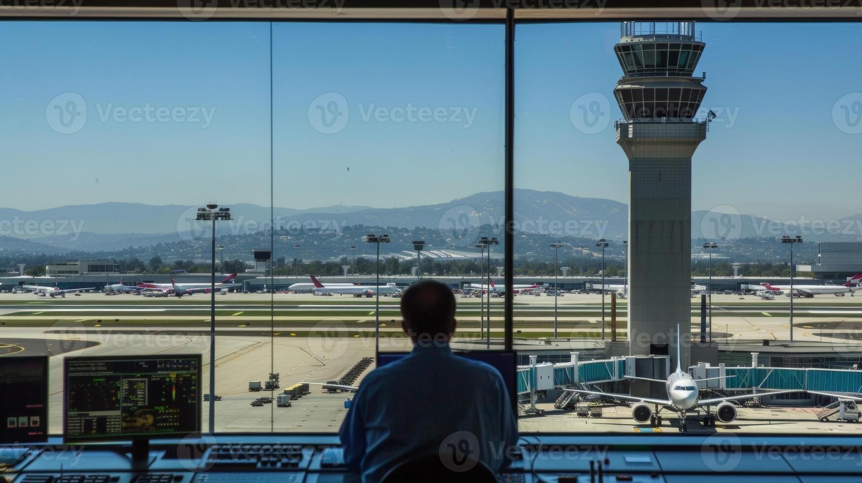 A bustling control tower overlooks the runway as air traffic controllers direct planes in and out of the airport photo