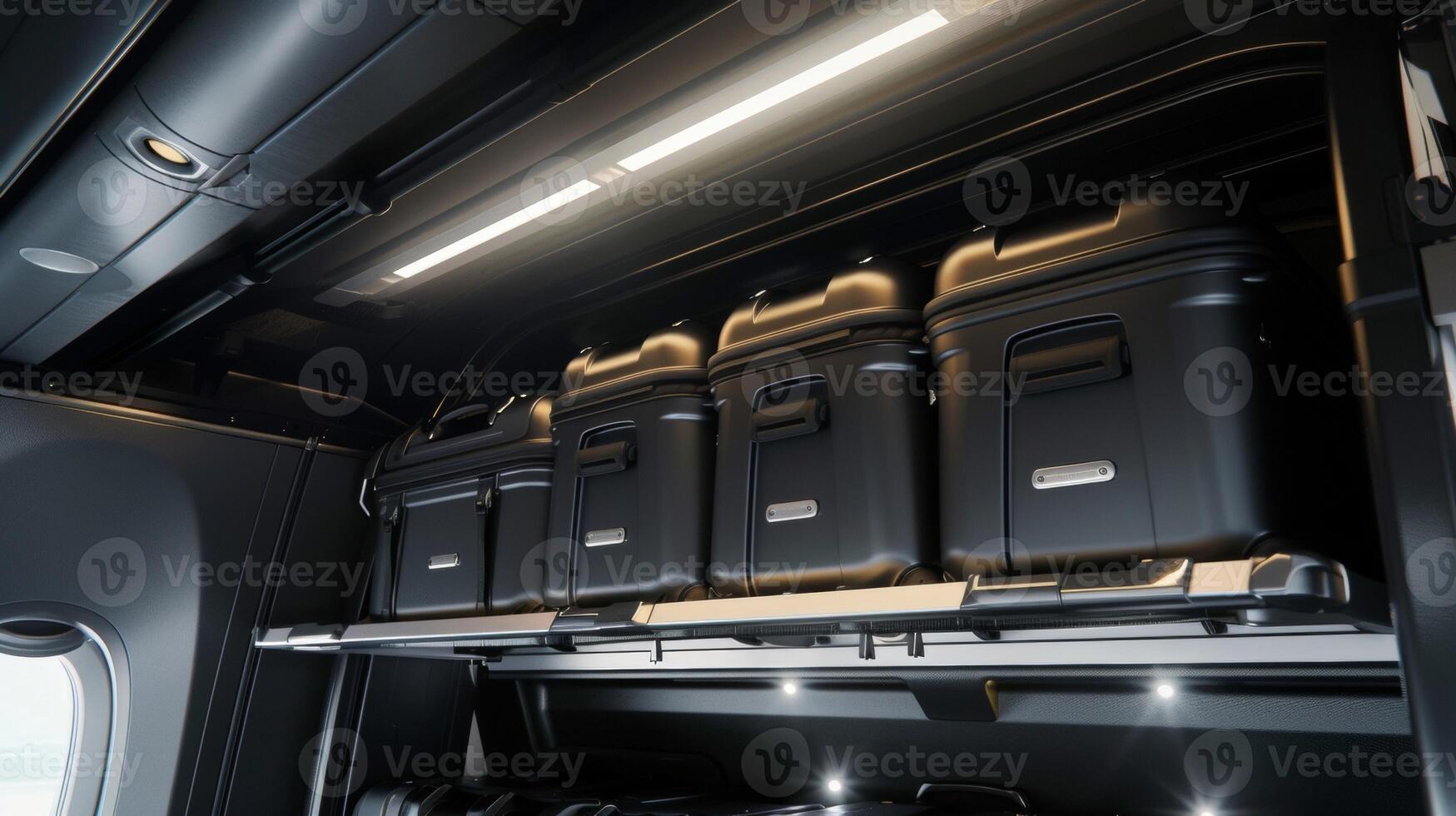The overhead compartment with its open doors revealing a sea of identical black suitcases giving the impression of a sleek and uniform travel experience photo