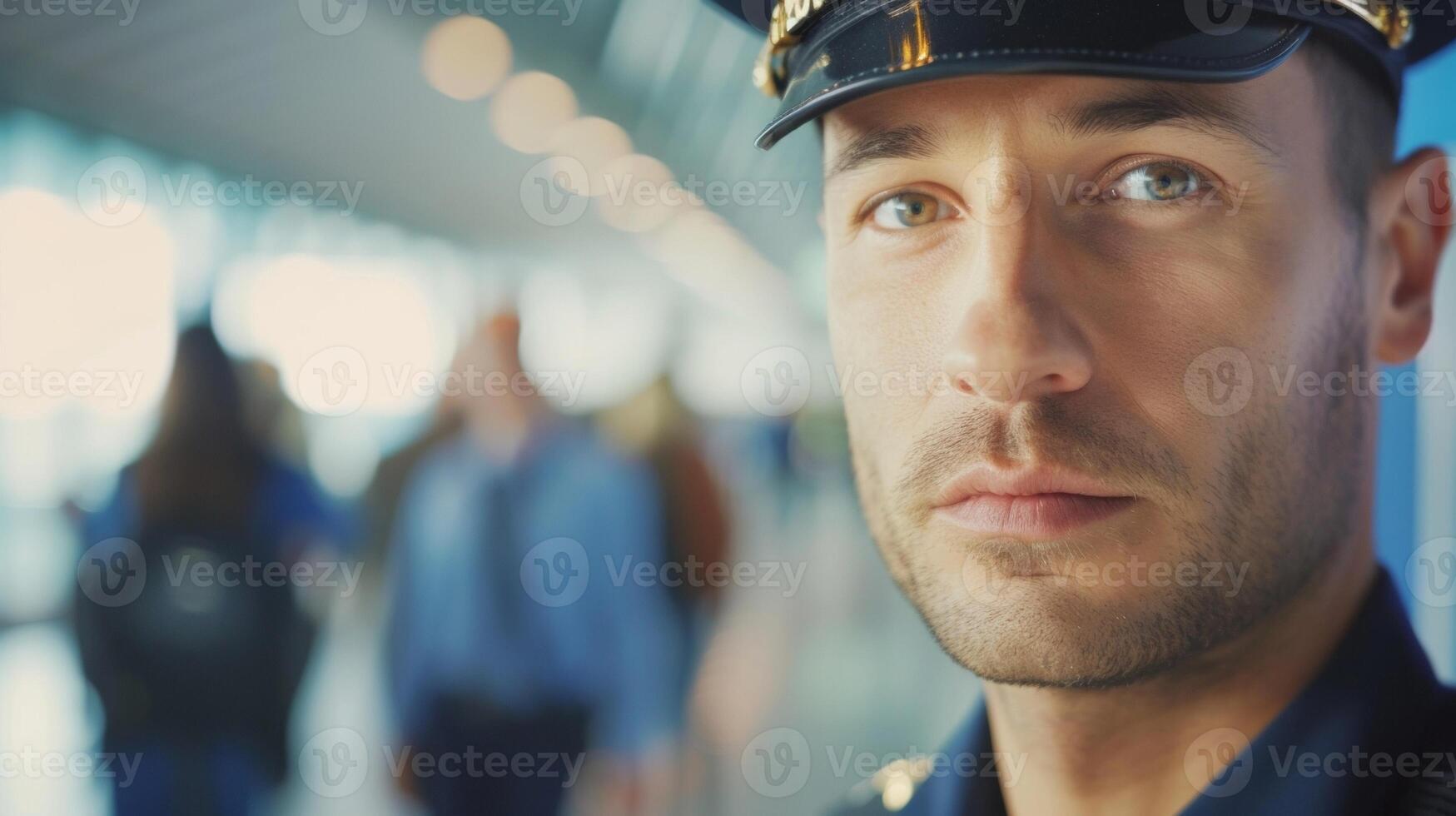 The intense gaze of a passport control officer making sure that all travelers have valid and uptodate documents before allowing them to proceed photo