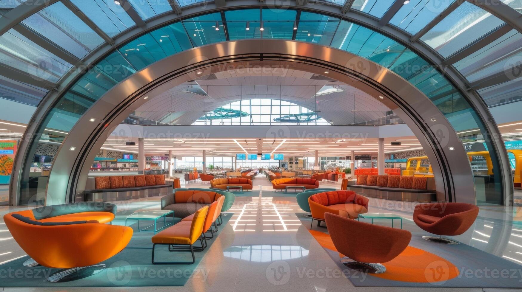 In this closeup the departure gate is framed by a striking archway made of glass and metal creating a stunning juxtaposition of form and function. The spacious waiting are photo