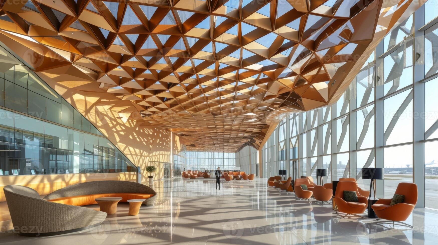 Brightly lit and filled with eyecatching design elements this departure area resembles a contemporary art museum rather than an airport. The ceiling is adorned with a uniqu photo