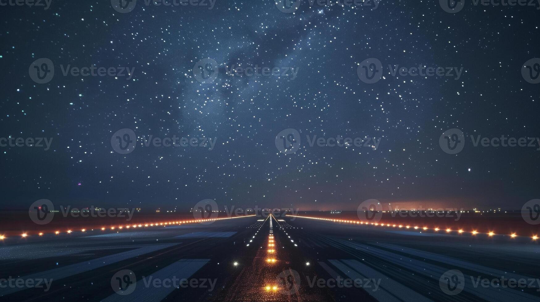 The glow of runway lights guiding planes towards the sky creating a mesmerizing contrast against the vast blanket of stars above photo