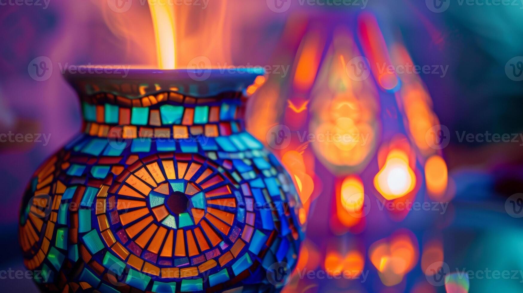 A vibrant colorful mosaic pattern adorning the sides of a ceramic oil diffuser adding a pop of color to any space photo