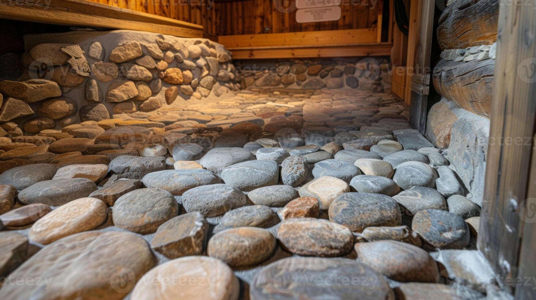 Dozens of heat rocks cover the bottom of the sauna radiating warmth and helping to create a consistent temperature throughout the space photo
