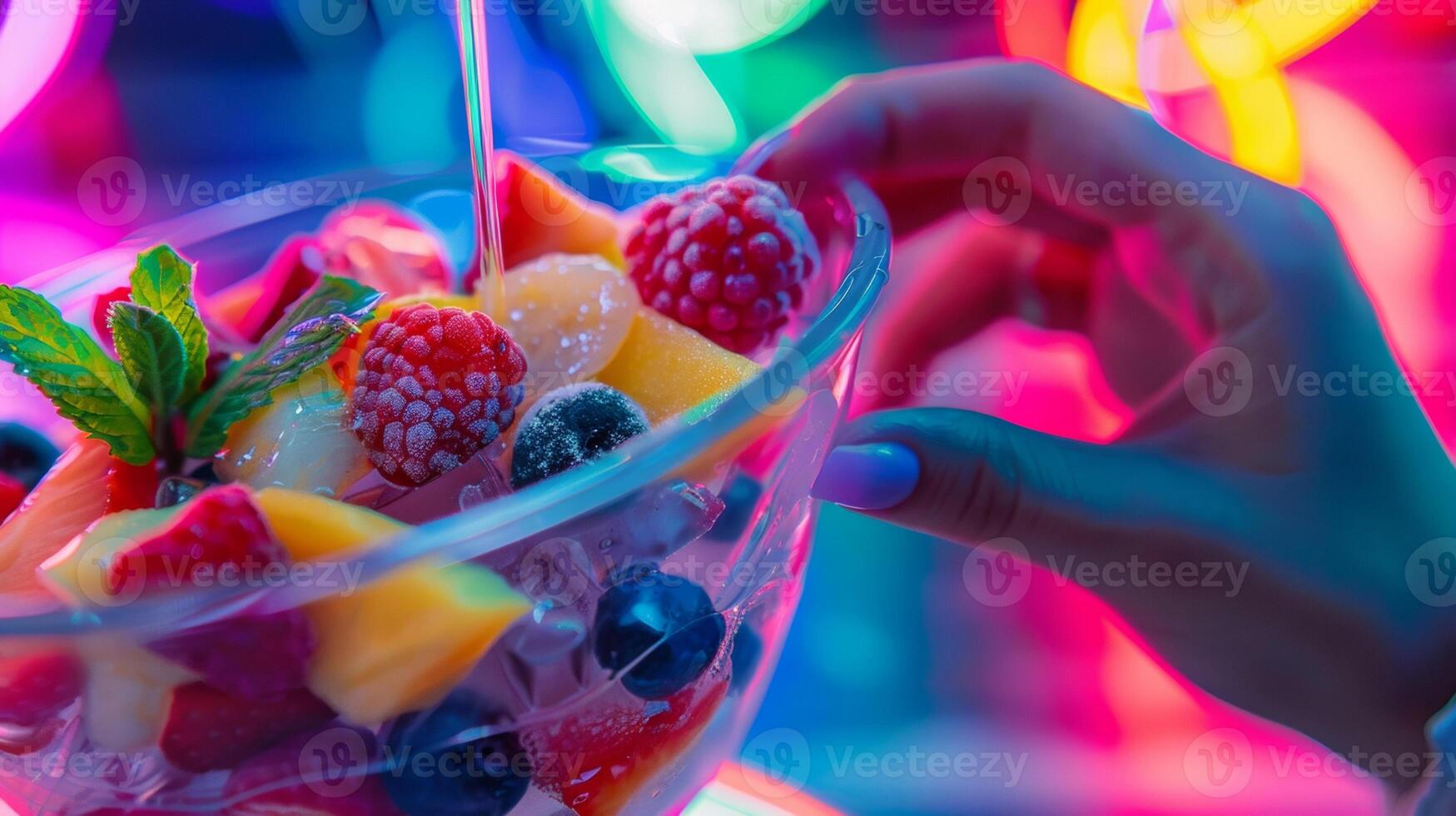 A hand adding pieces of fresh fruit to the mix creating a colorful and delicious fruit sorbet photo