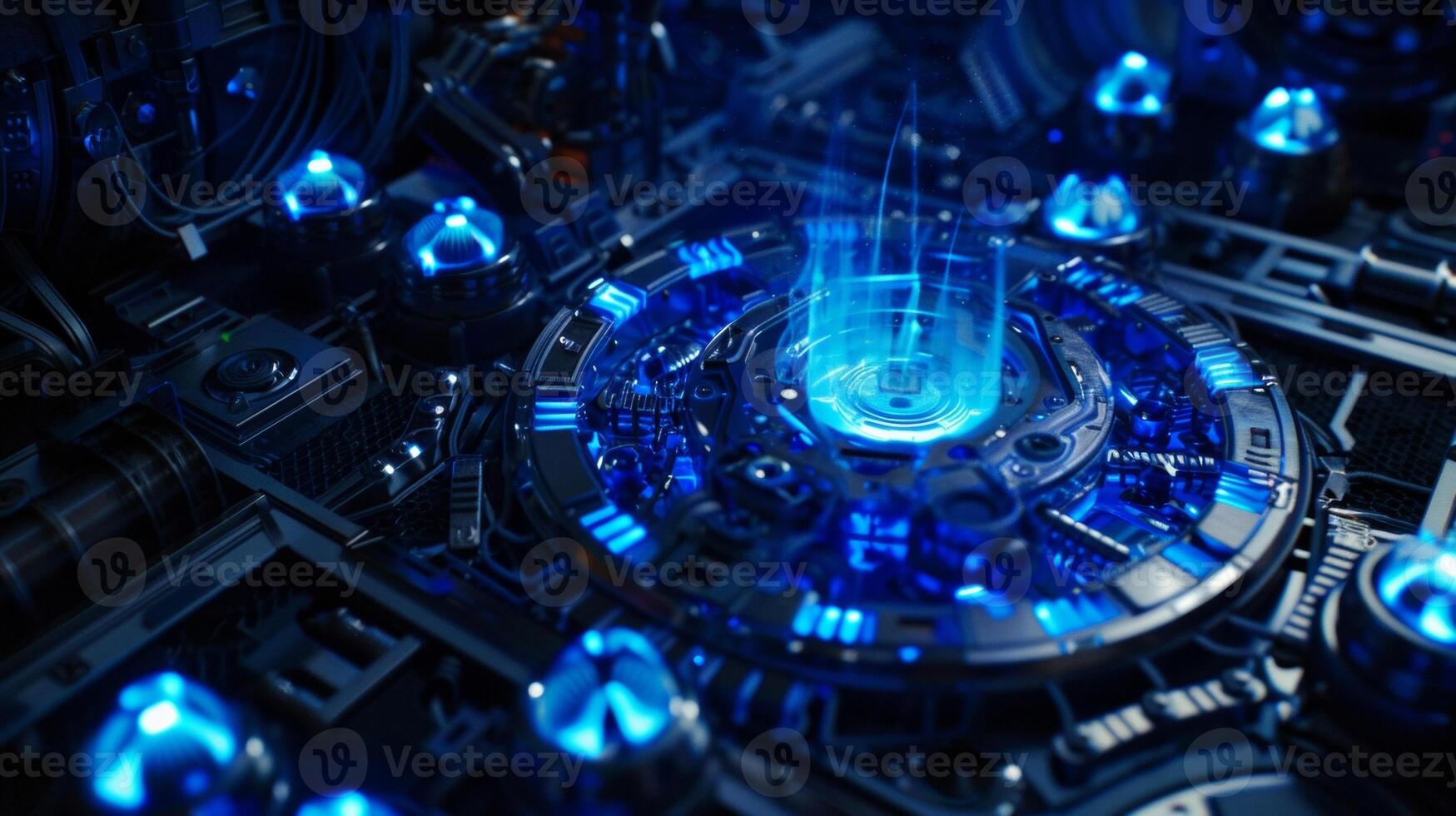The blue glow of the machines power button hinting at the magic within photo