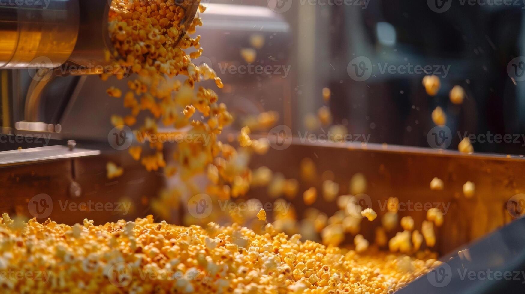 A closeup of yellow popcorn kernels being poured into the top of the machine ready to be transformed into delicious snacks photo