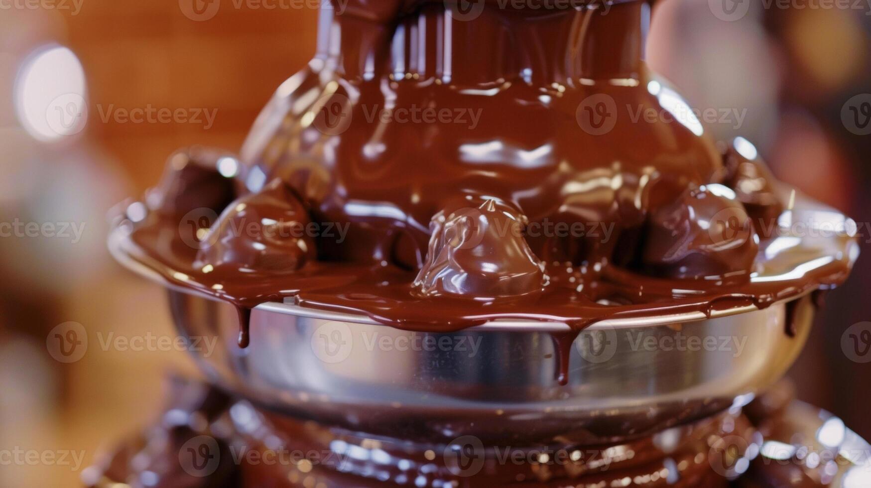 Small bitesized treats being dipped into a chocolate fountain their surfaces perfectly coated in a thick layer of creamy chocolate photo