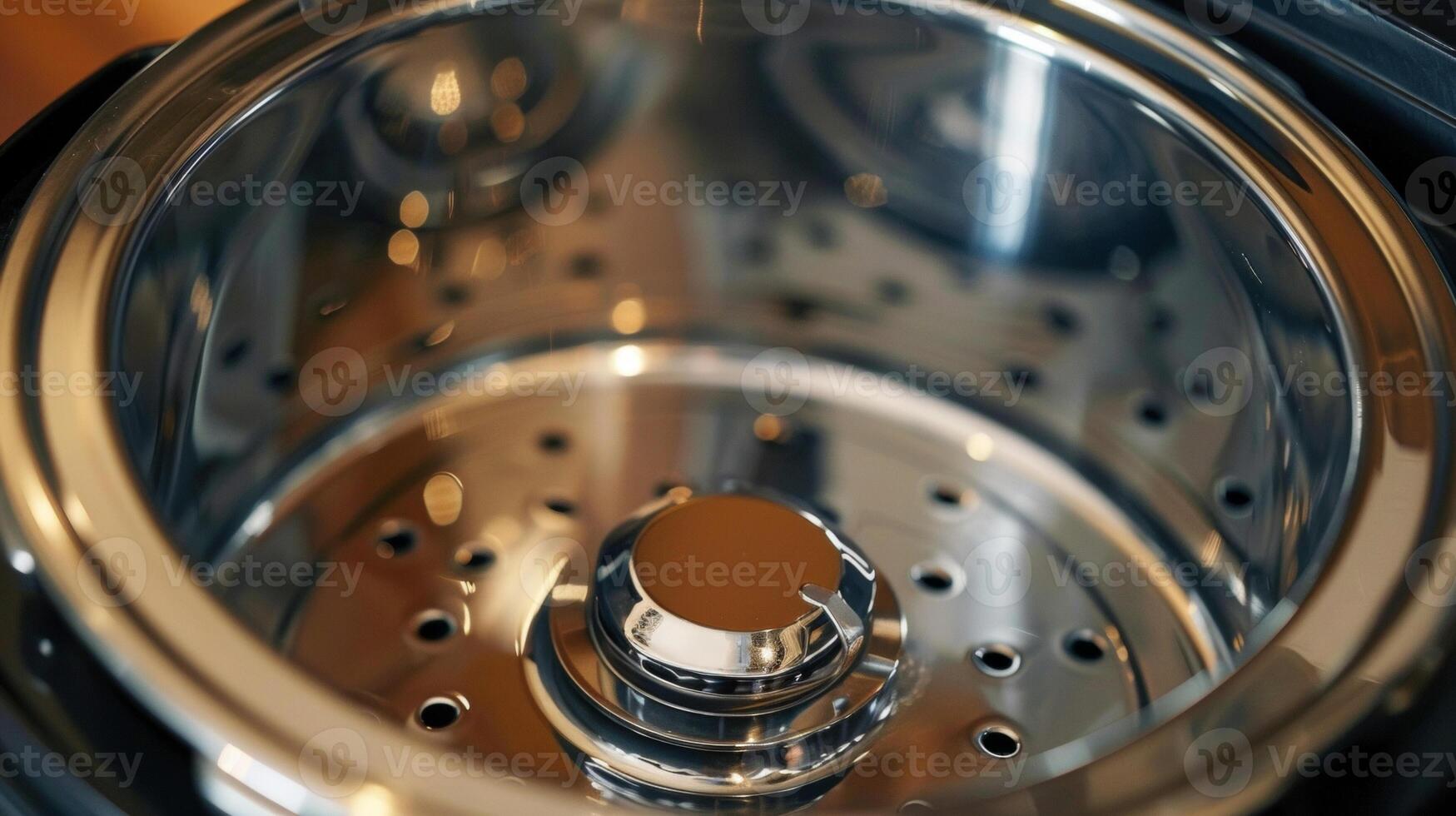 Closeup of the inside of the electric pressure cooker showing the removable cooking pot and steam release valve photo