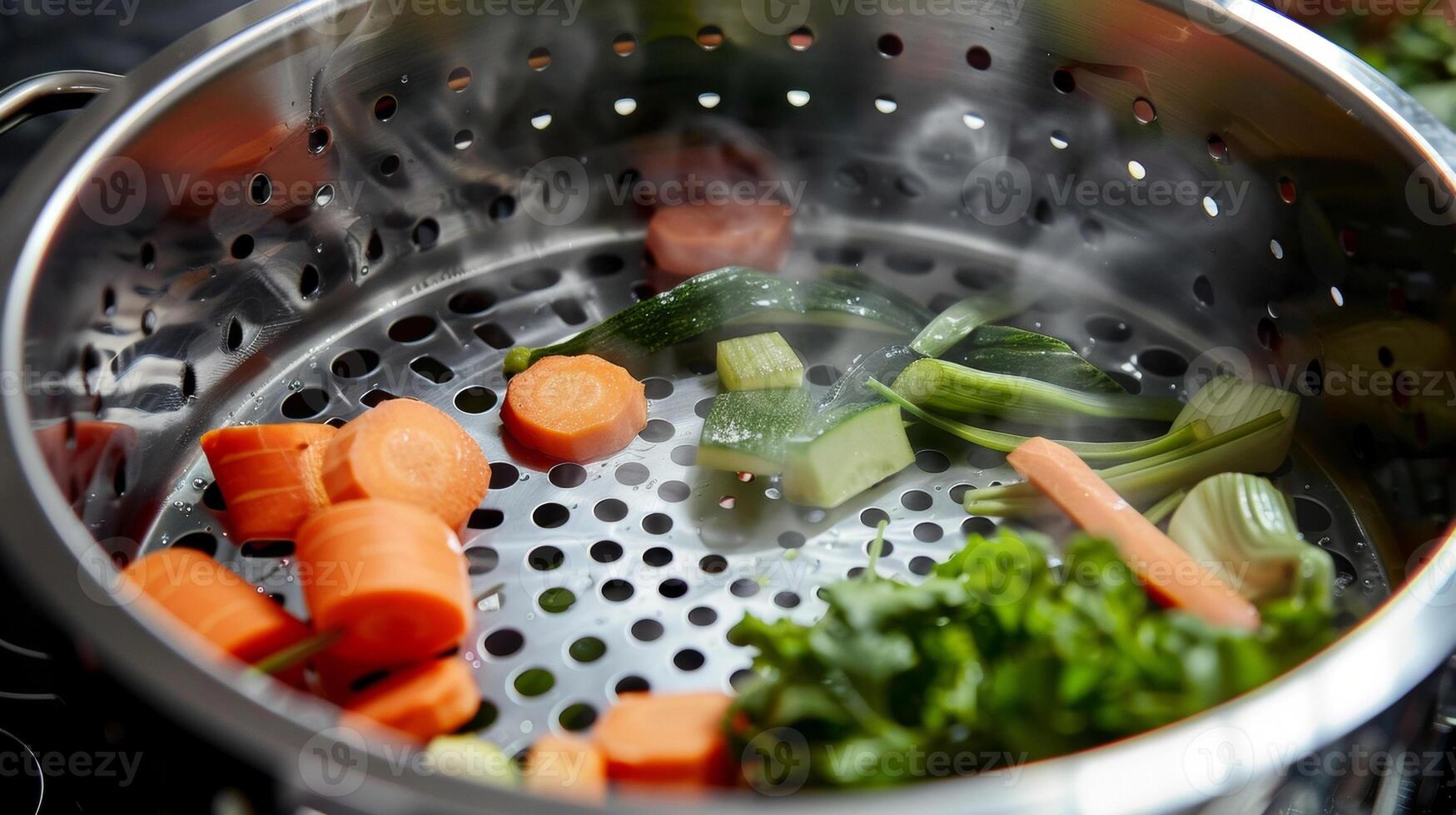 The inside of a vegetable steamer showing evenly spaced holes that allow the steam to circulate and cook vegetables to perfection photo