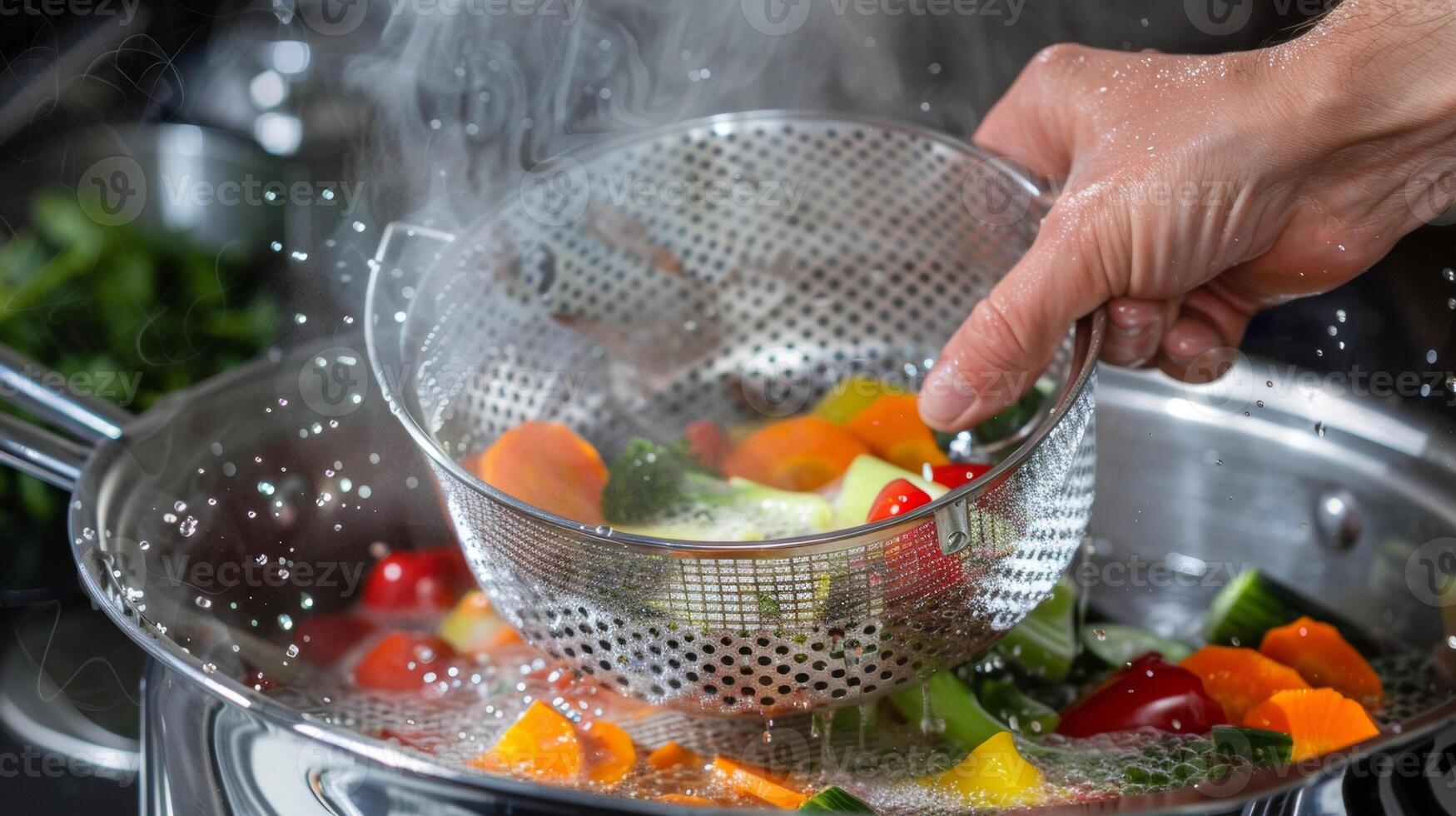 A hand removing a steamer basket from a pot of boiling water revealing perfectly cooked and vibrant colored vegetables inside photo