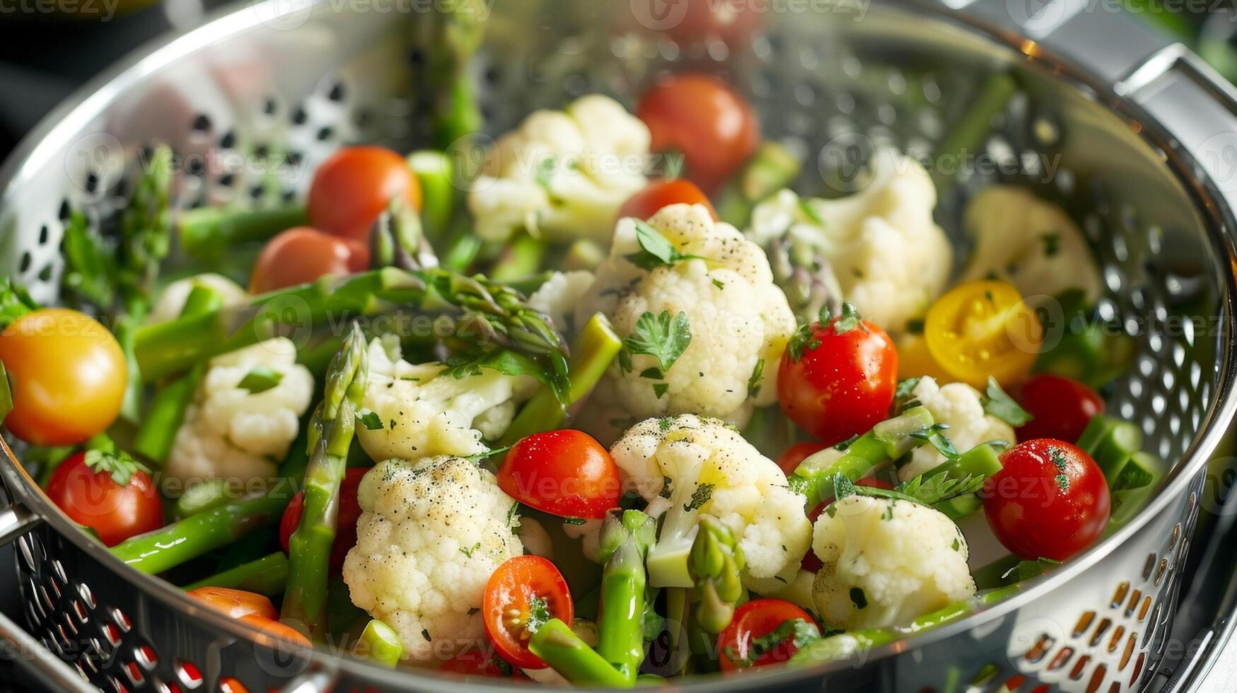 A steamer basket filled with a mix of vegetables including asparagus cauliflower and cherry tomatoes ready to be served as a colorful and healthy side dish photo