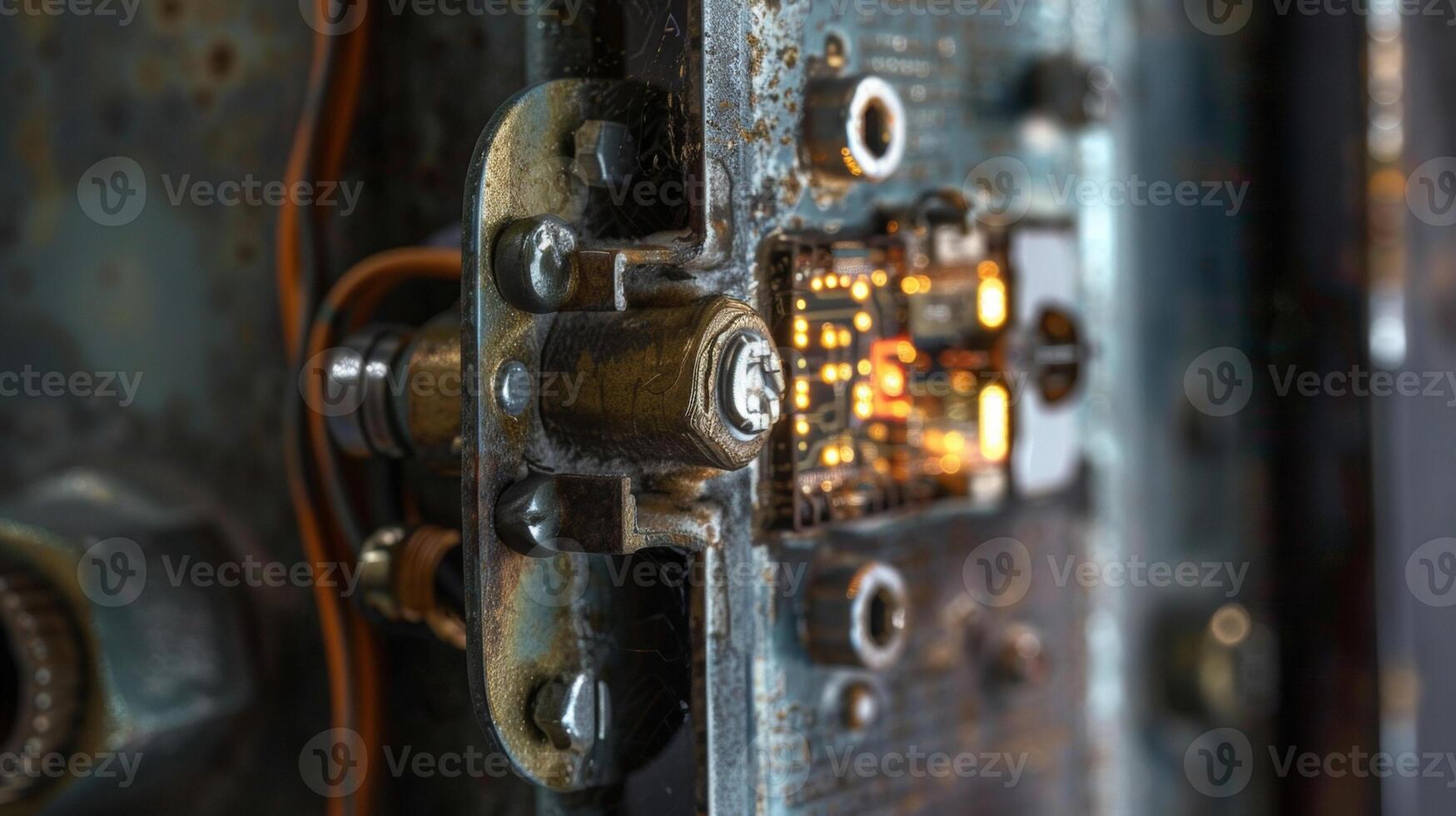 A closeup of a motion sensor light revealing intricate wiring and circuitry inside the metal casing photo