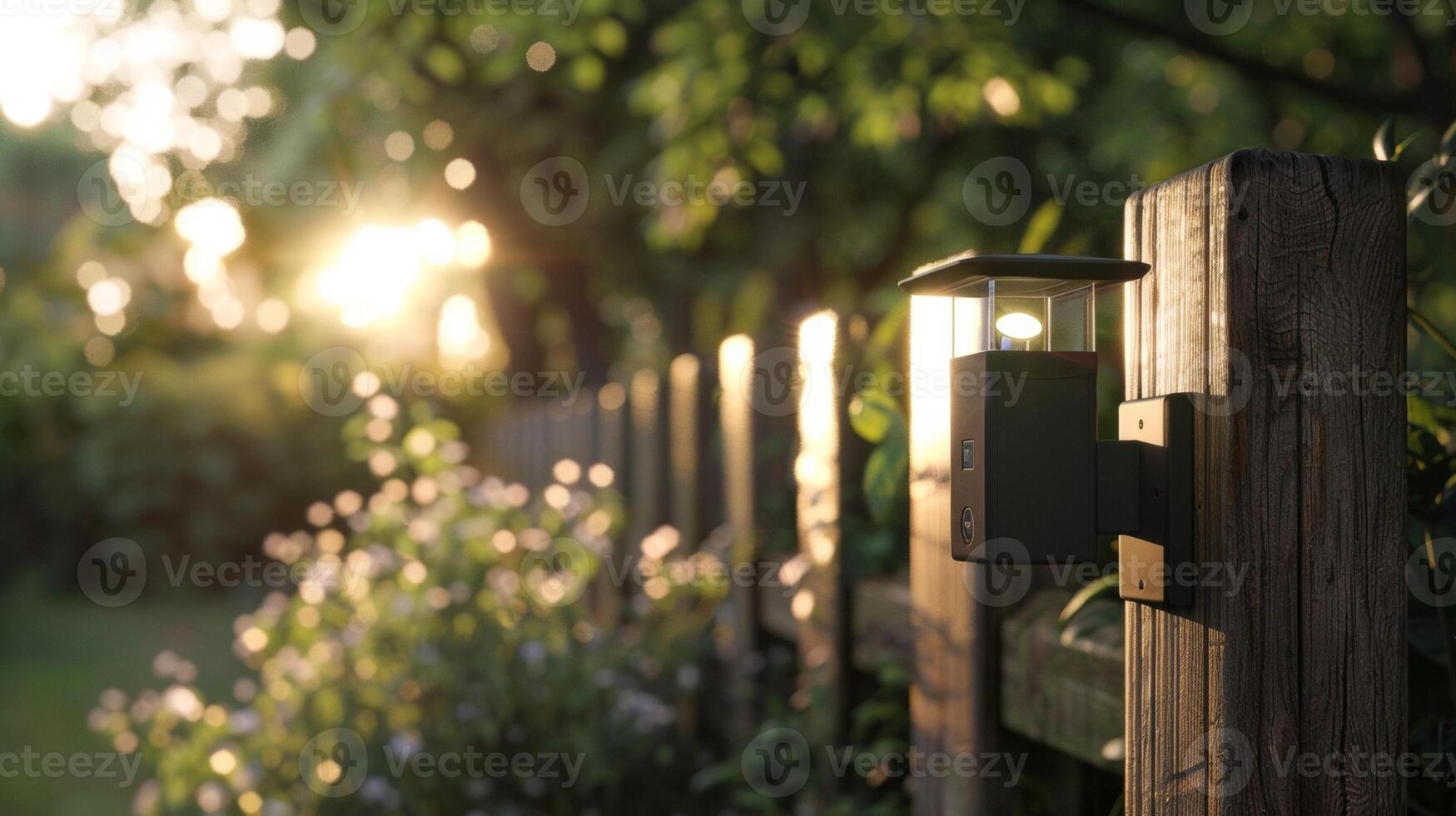 A compact and versatile motion sensor light with an adjustable head mounted on a wooden fence post photo