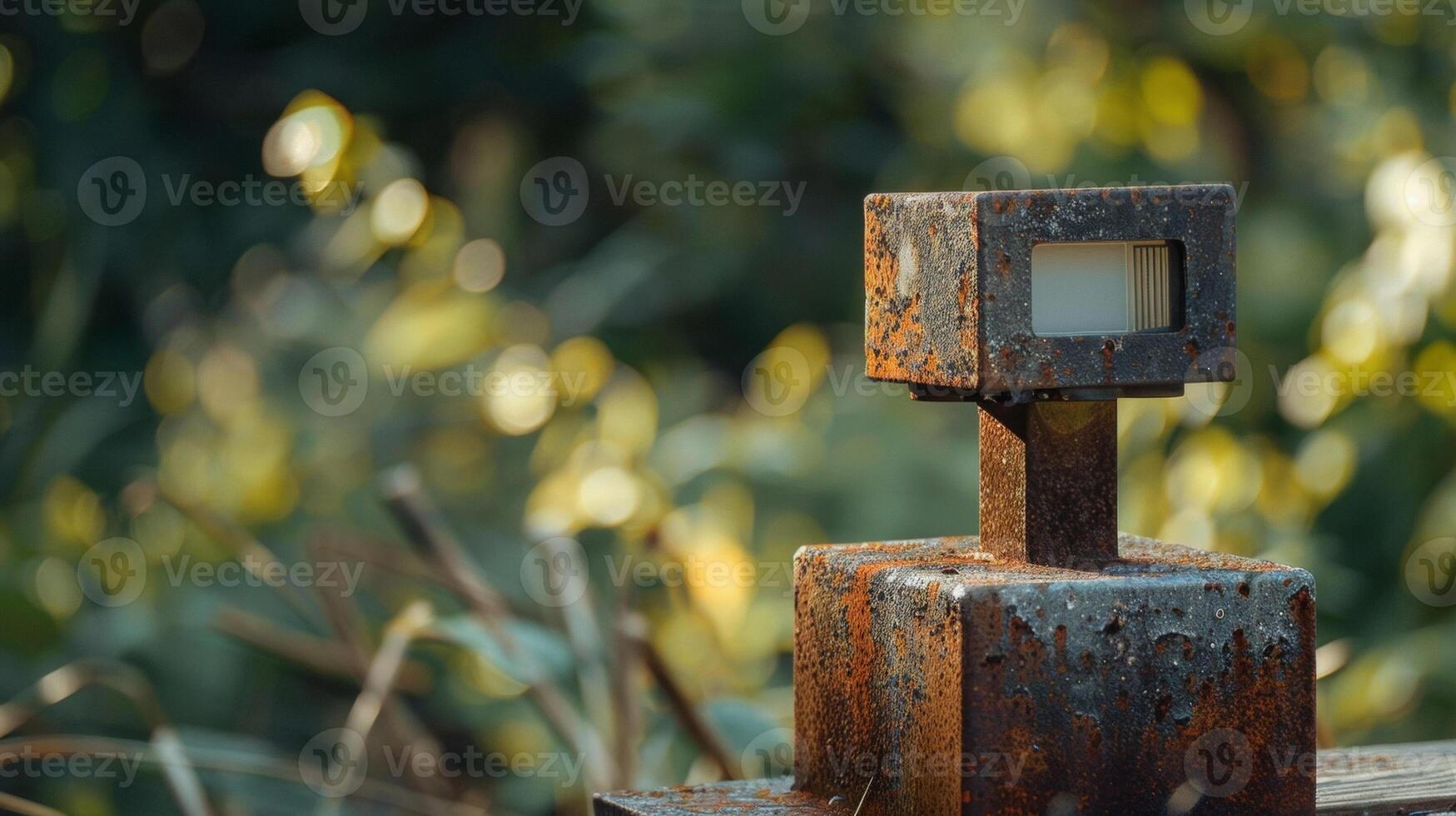 A rusted and weathered motion sensor light still functional despite its worn appearance photo