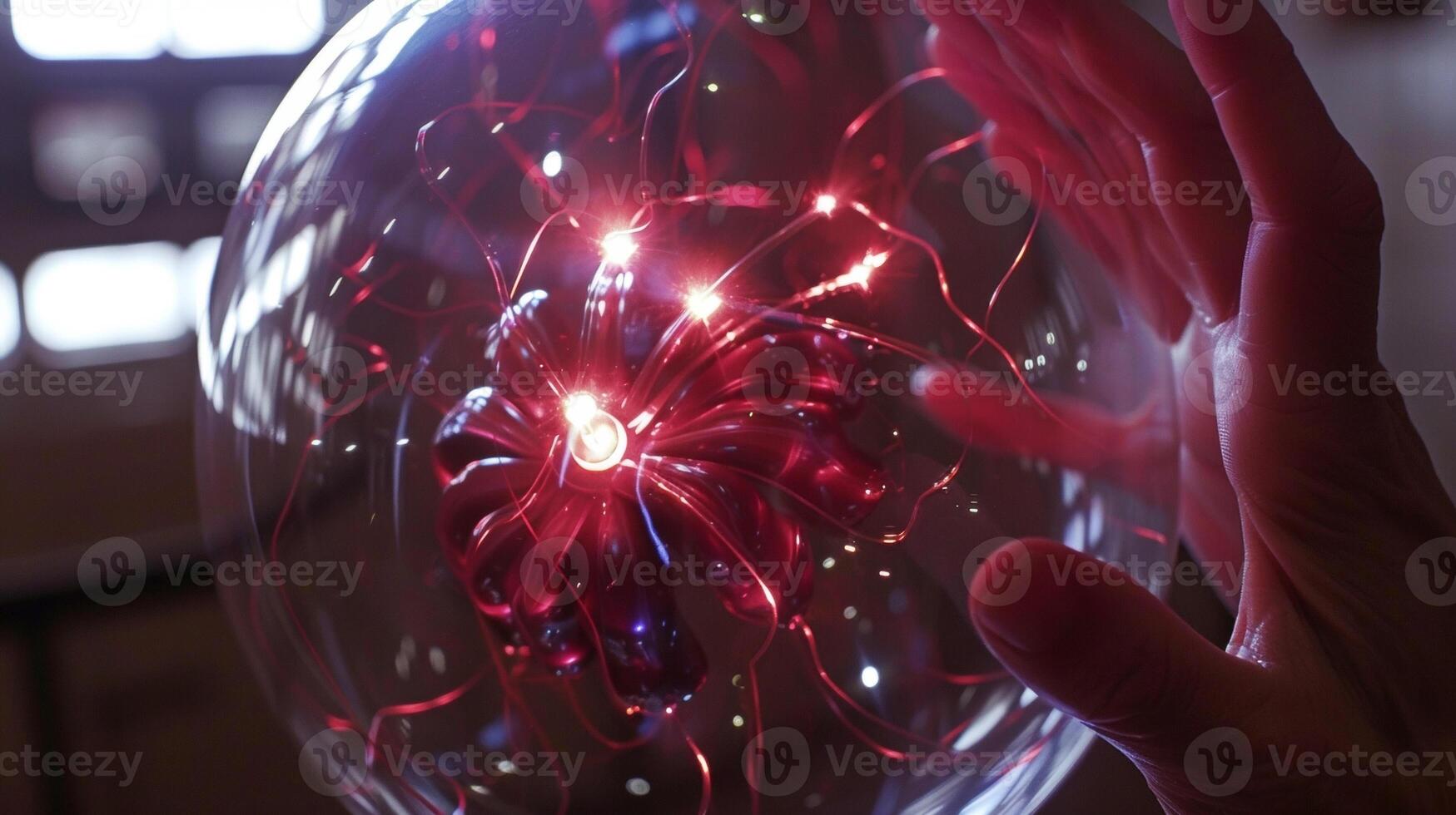 With the touch of a finger electricity surges towards the edges of the plasma ball creating a dazzling display photo