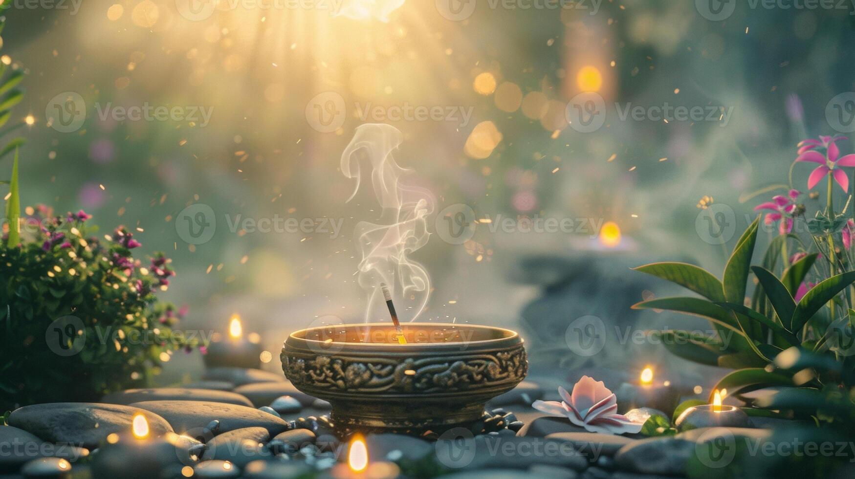 A peaceful and serene scene with the incense burner being the focal point and surrounding by decorative candles and plants photo