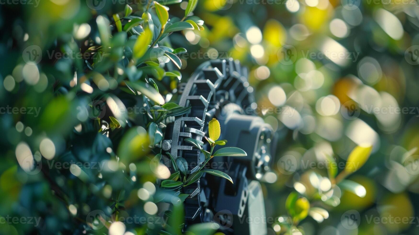 A macro shot of the rotating blade attachment of an electric hedge trimmer perfect for angled s photo