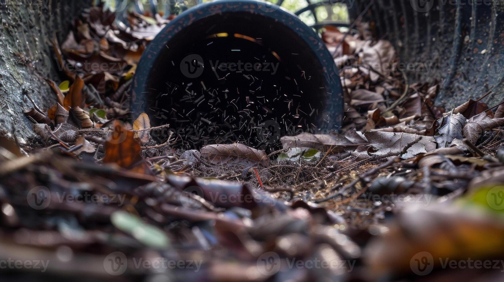 A closeup of a leaf blowers intake port reveals small twigs rocks and even a stray tennis ball being devoured by the machines powerful suction photo