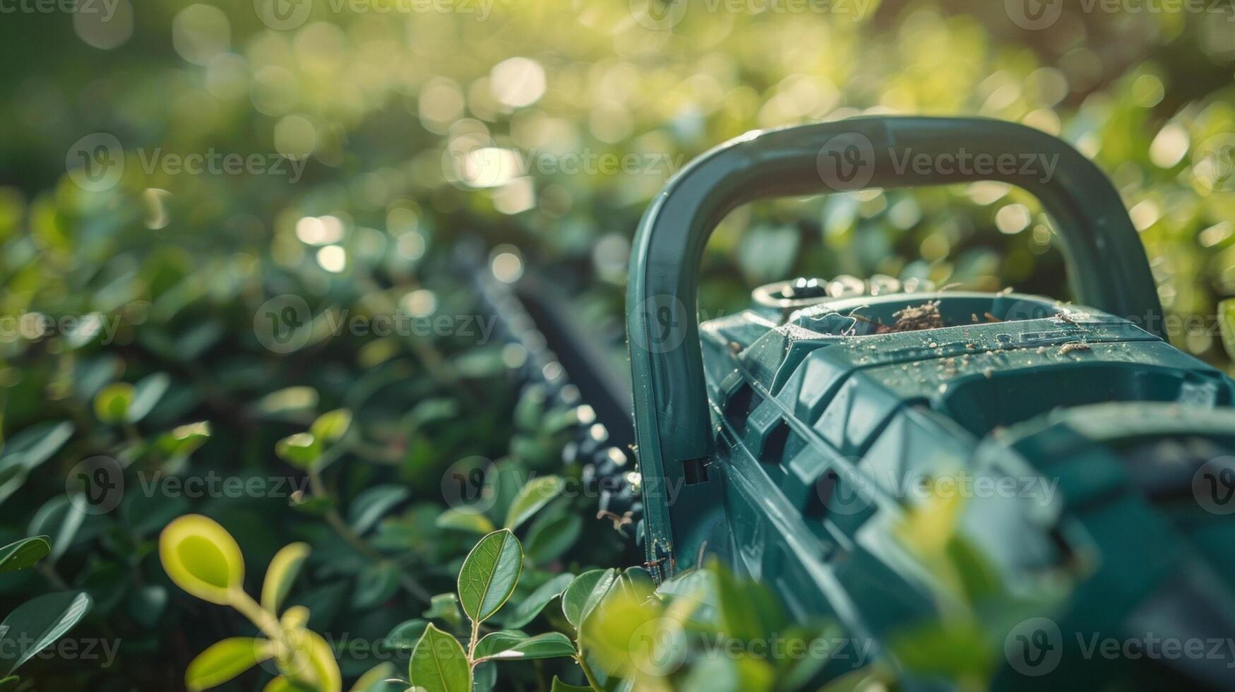 A closeup of the durable and lightweight body of an electric hedge trimmer ideal for long t sessions photo