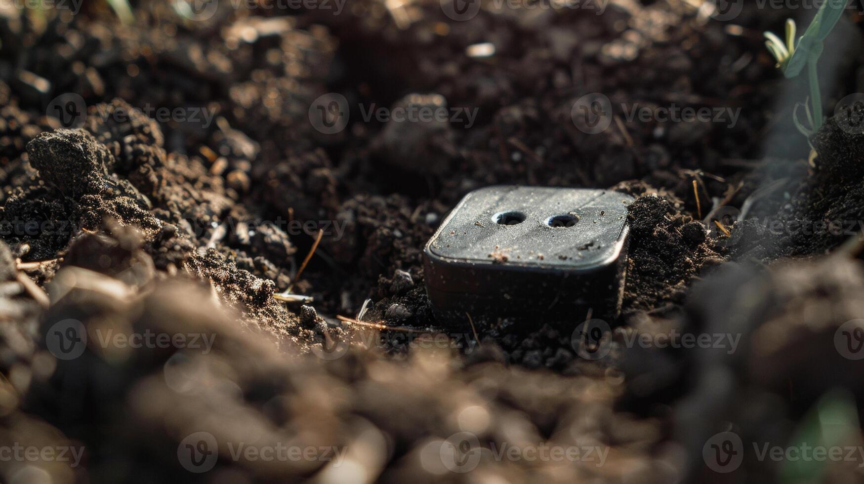 The sensor is partially buried in the soil with only the top visible photo