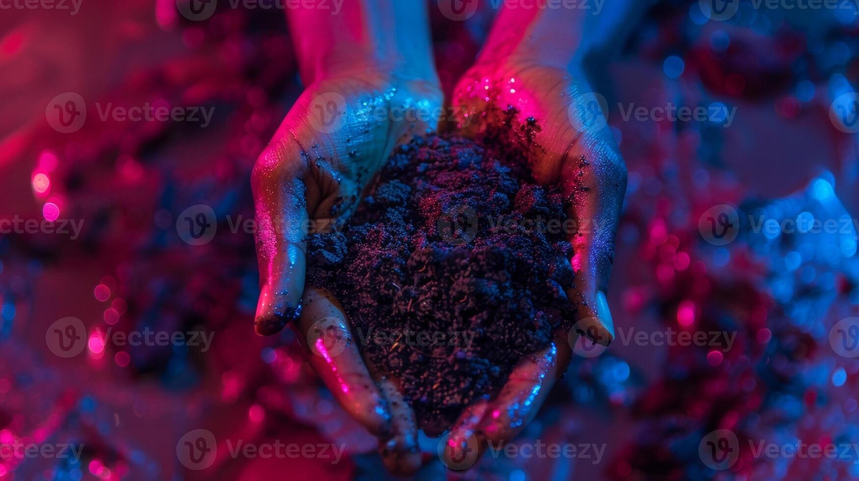 A set of hands holding up a handful of finished compost with a rich earthy texture and dark color photo