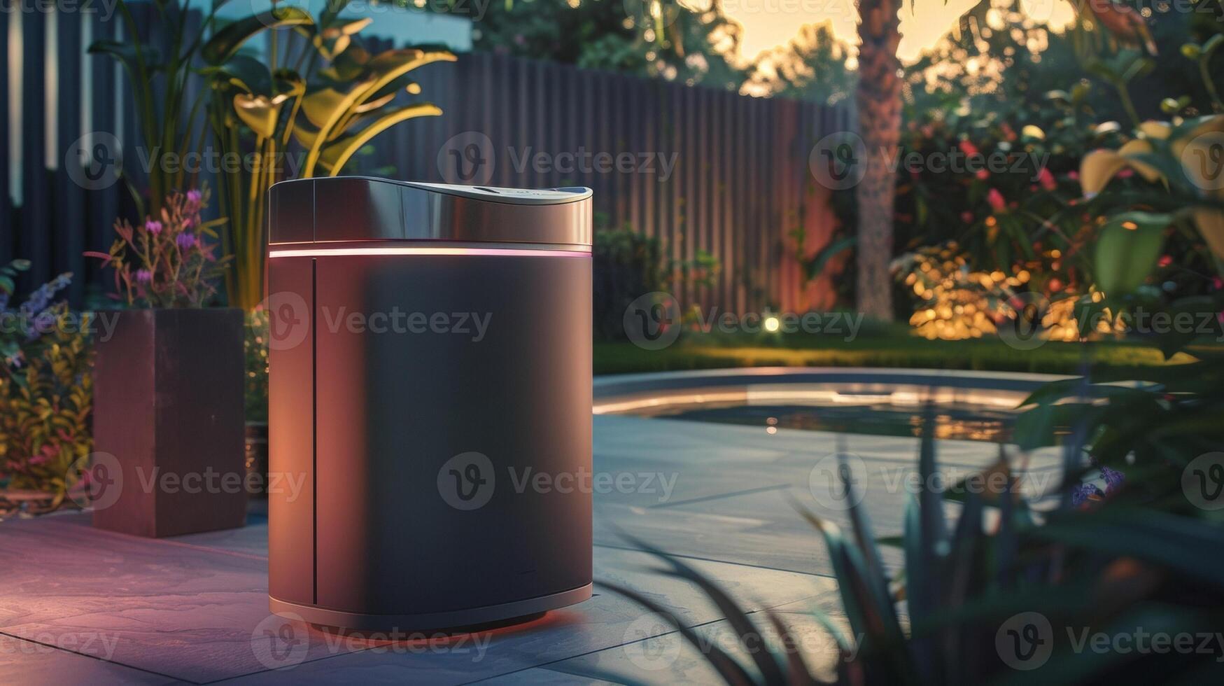 The sleek design of the composter with its modern curves and streamlined appearance seamlessly blending into a backyard or kitchen environment photo