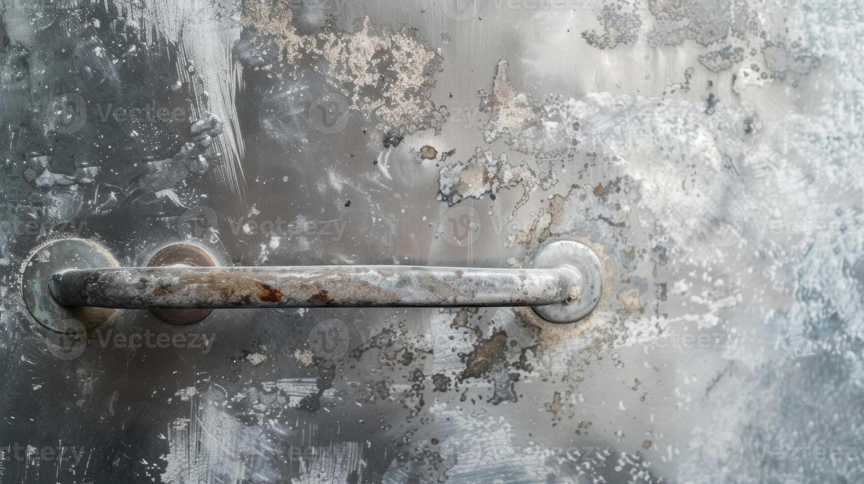 A metal handle on a freezer door covered in fingerprints and the remnants of a sticky spill photo