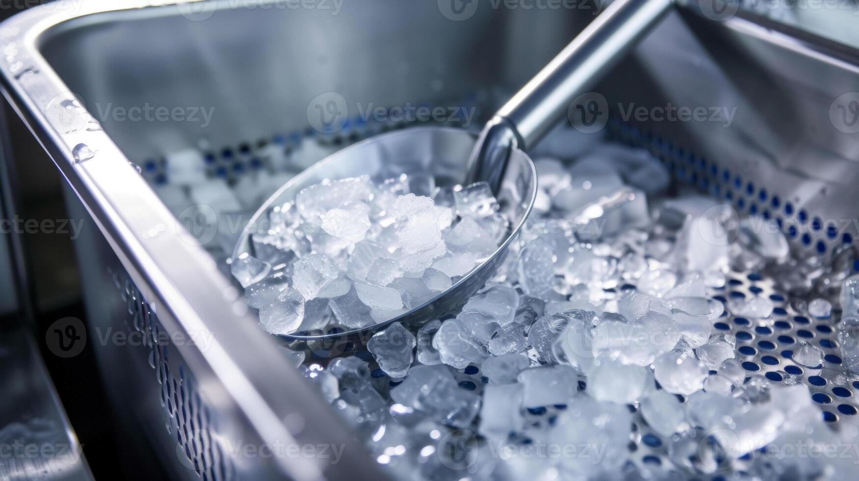 A small shovel or scooper resting on top of the ice maker used to easily remove ice from the bucket photo