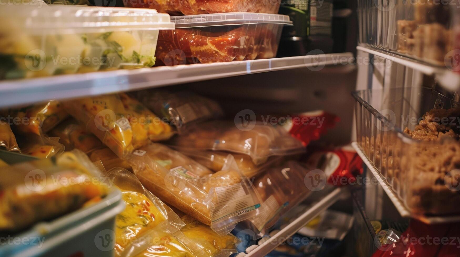 A shelf in a deep freezer cluttered with various packages of frozen leftovers and meals photo