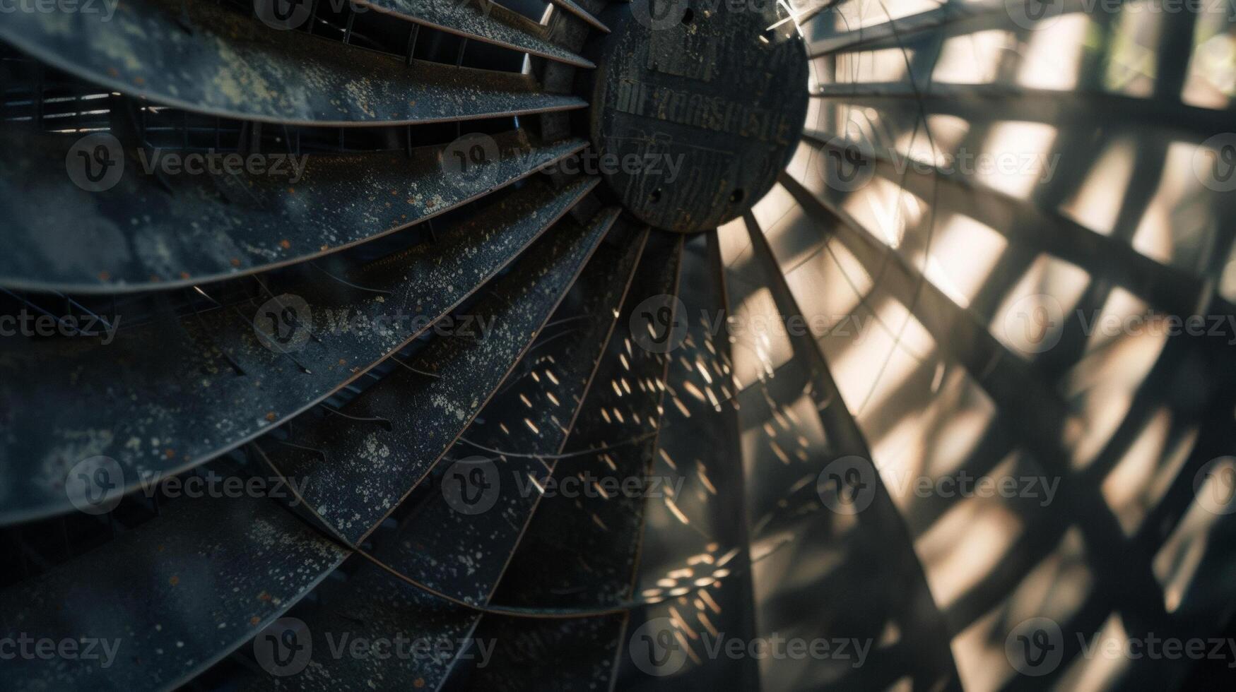 The rotating blades of an exhaust fan with sunlight casting intricate shadows on them photo