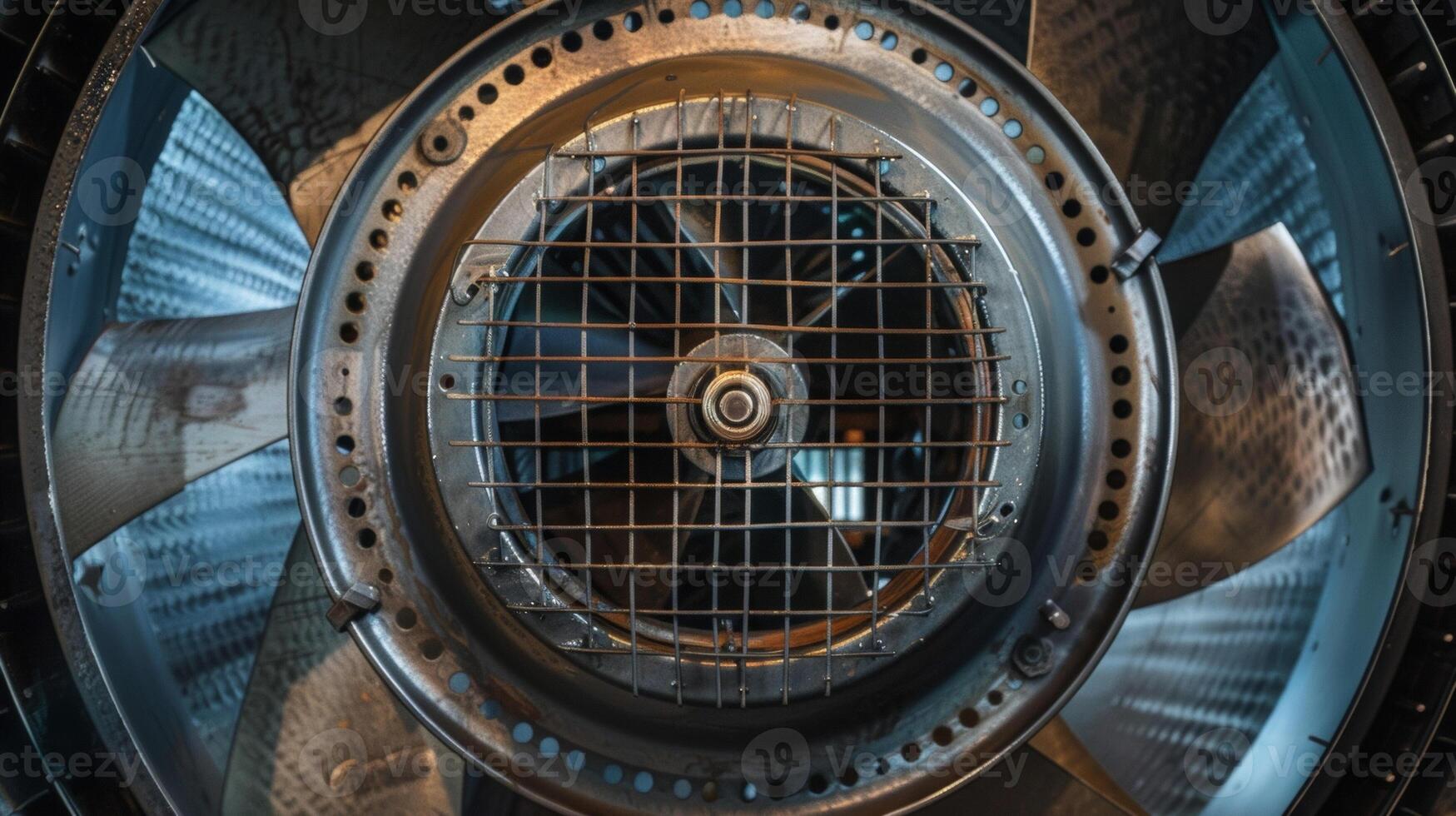 The backside of an exhaust fan revealing a compact and efficient motor mechanism photo