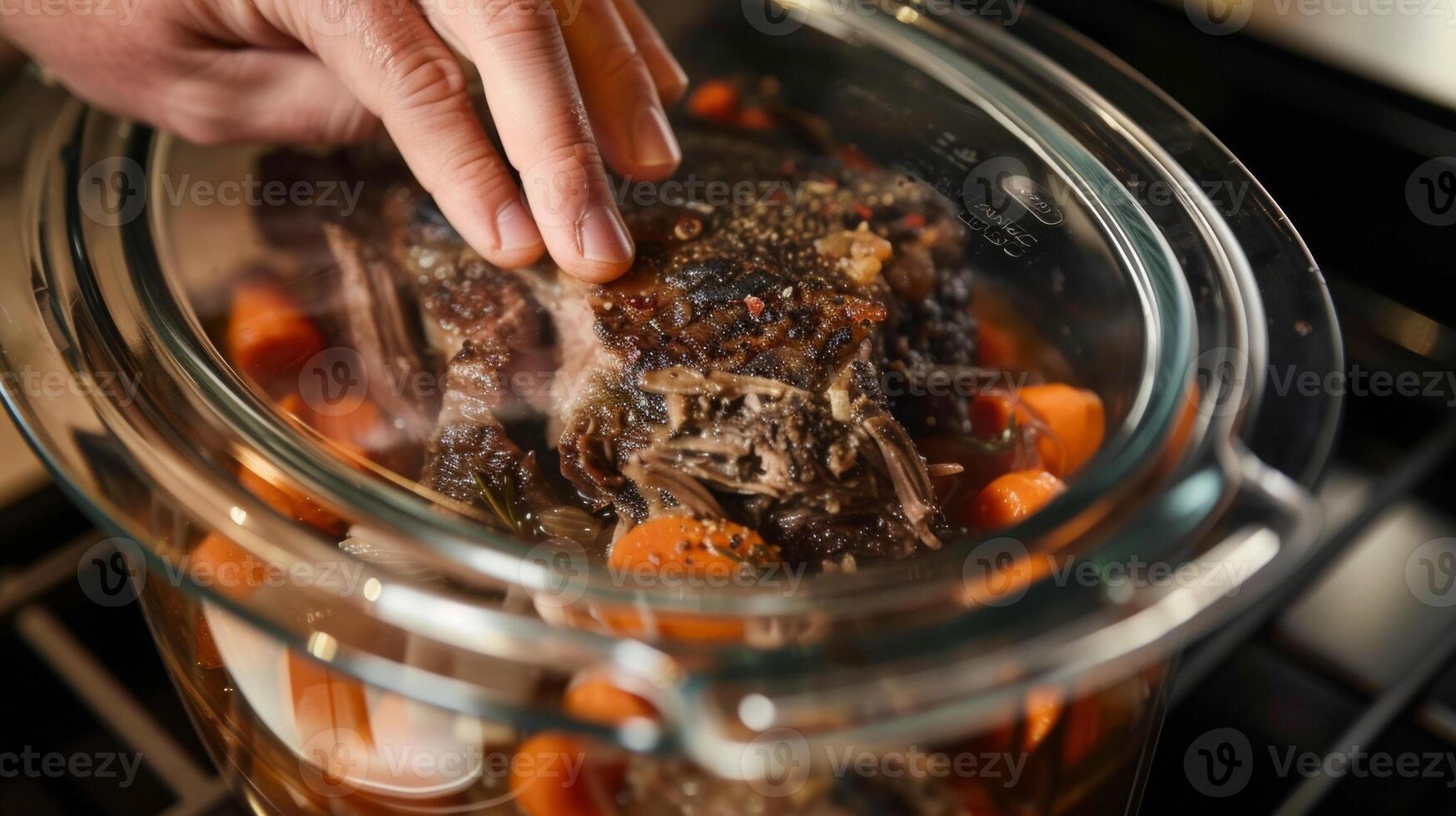 A hand grasping the glass lid of a crockpot revealing a delicious slowcooked pot roast photo