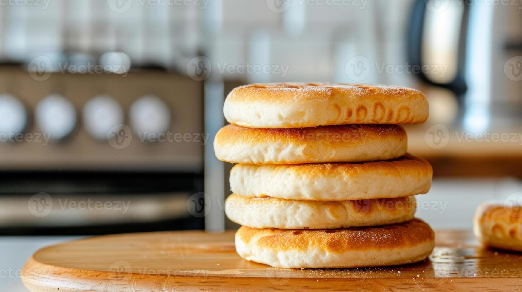 A stack of English muffins sitting next to a toaster ready to be transformed into crispy rounds photo