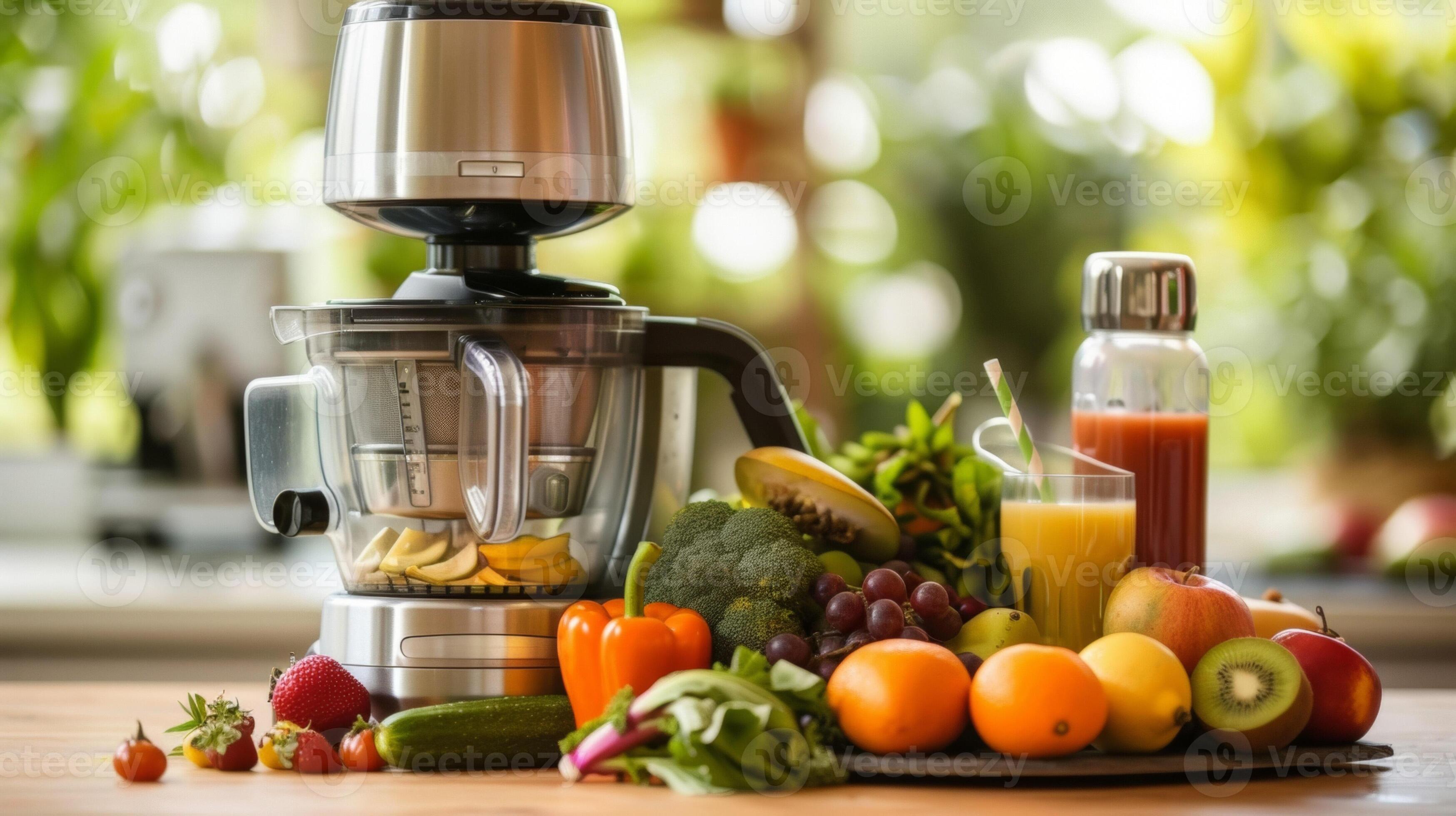 A medley of colorful fruits and vegetables stacked next to a juicer