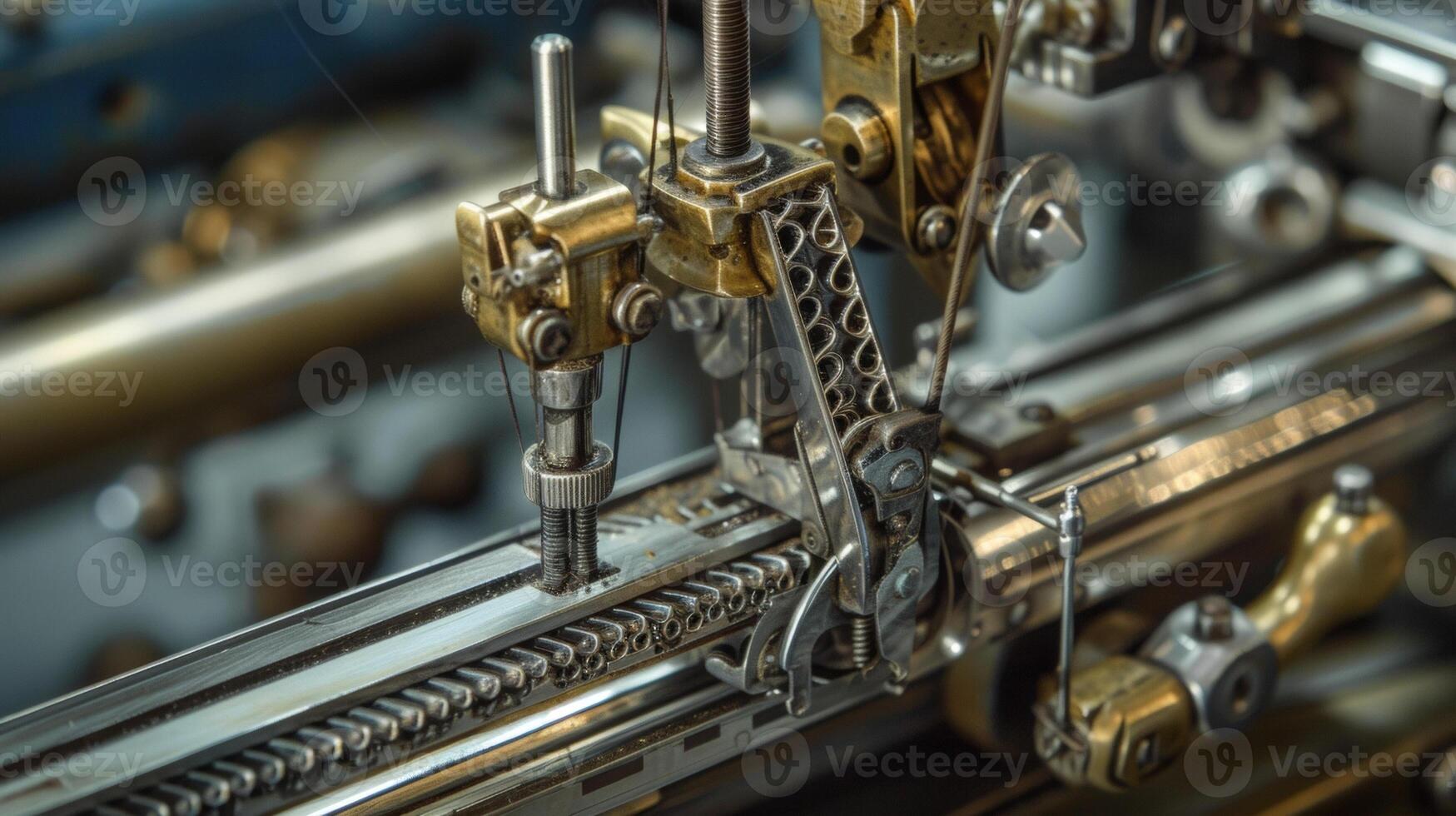 A detailed view of the machines takeup lever responsible for pulling the thread through the fabric after each stitch photo