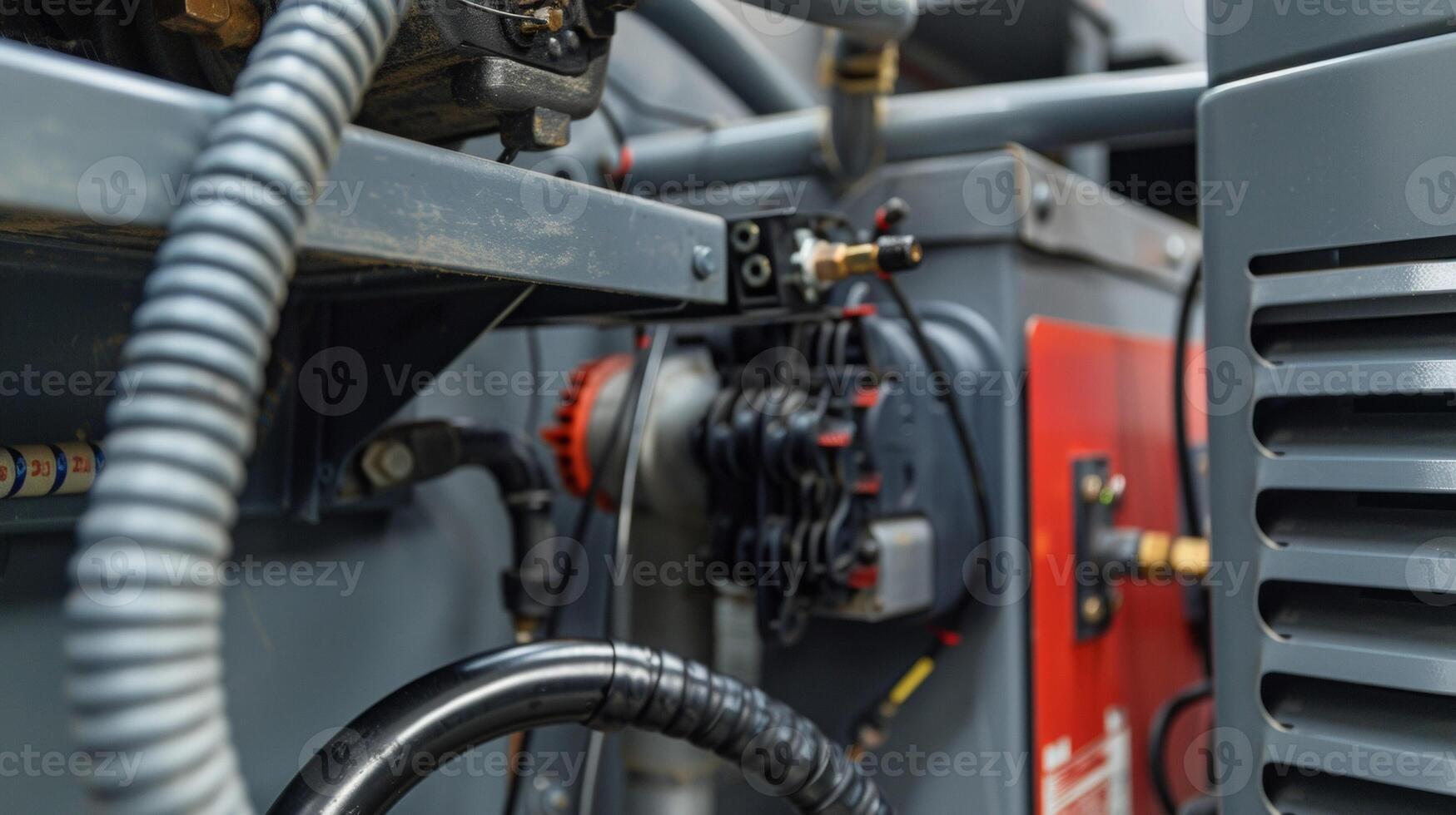 The electric power cord coiled tightly and plugged into the back of the compressor for a steady source of energy photo