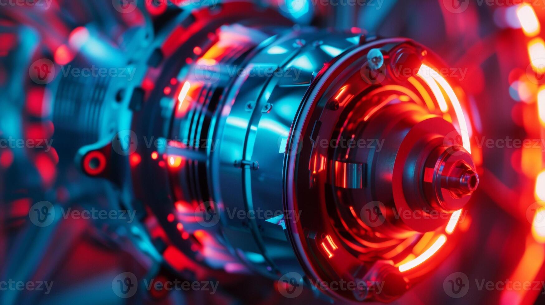 A close isolated view of the generators alternator reveals a complicated system of rotating coils and magnets generating electricity photo