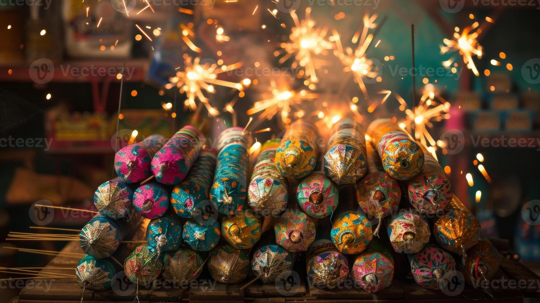 A pile of colorful crackers and sparklers stacked on a table eagerly awaited by children and adults alike to light up the night sky with their dazzling displays photo